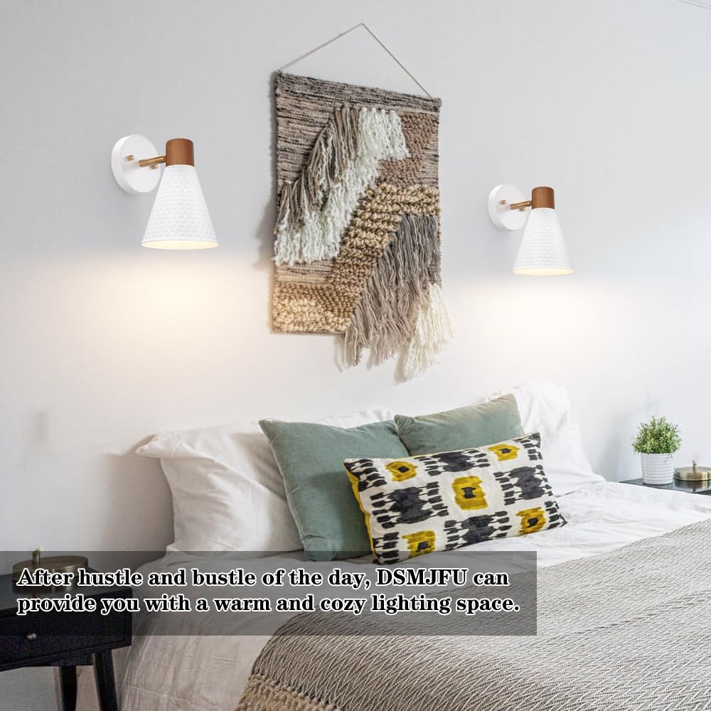 Dsmjfu White Wall Sconces Set Of Two, Modern Rotateable Wall Light Set Of 2, Beside Sconces Wall Lamp With Hammered Metal Shade, Rustic Wood Sconce Wall Lighting For Bedroom Living Room Hallway