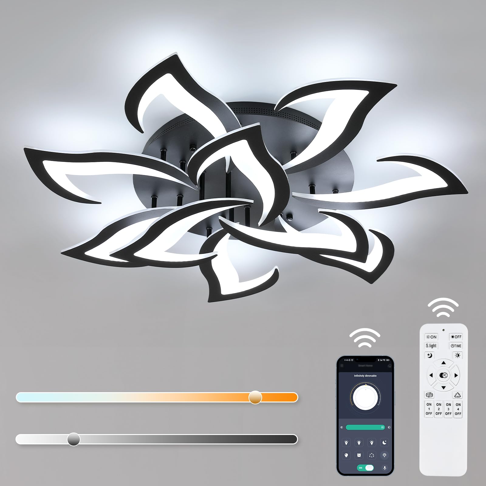 Goeco Dimmable Ceiling Light Fixture, 10 Petals, Remote Control, App, 3000K-6500K, Black, Model 30907705