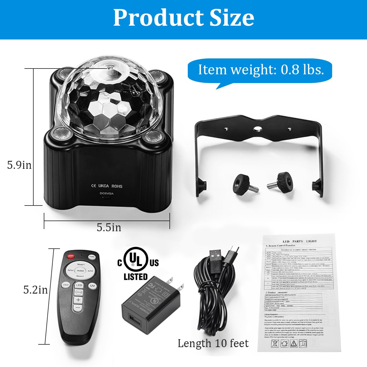 LAUCNPTY Disco Ball Party Lights - Sound Activated Strobe DJ Lighting, Black, Model TC-7011-1, Ideal for Indoor/Outdoor Events and Parties