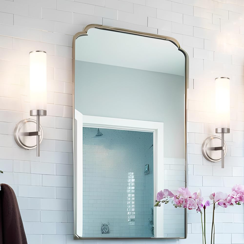 DSMJFU Brushed Nickel Wall Sconces Set of 2, Modern Opal Glass Vanity Lights, 15.94in Hardwired for Bathroom, Living Room, Bedroom