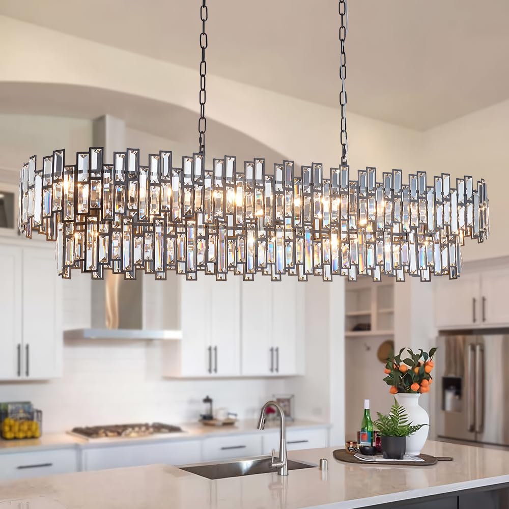 LIZZTREE Black Contemporary Chandelier Foyer Entryway Lighting  2-Tier Large Foyer Entrance Chandeliers for Living Room Kitchen Island High Ceiling Big Crystal Chandelier(Length 55.1 inch 21 Lights)