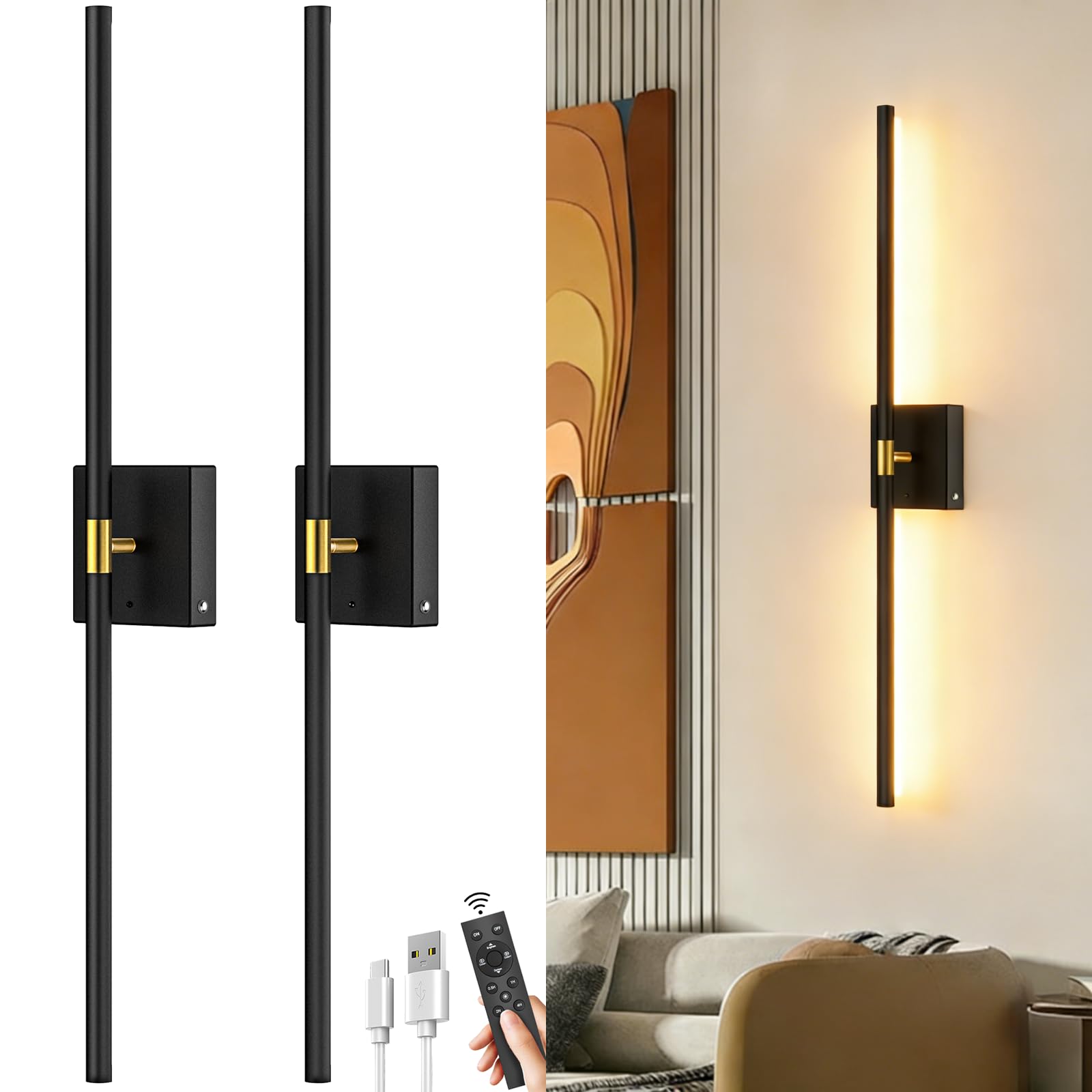 iThird Battery Operated Wall Sconces Set of 2: 10000mAh Rechargeable Wireless Wall Lights  360 Rotatable Magnetic Wall Lamp  4CCT Dimmable LED Wall Lighting for Bedroom Living Room Hallway  31.7in