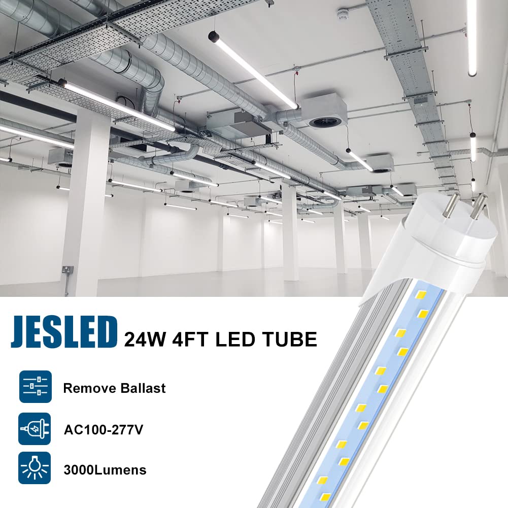 JESLED 4FT T8 LED Tube Light Bulbs, 24W, 5000K Daylight, 3000LM, Ballast Bypass, Clear, 12-Pack