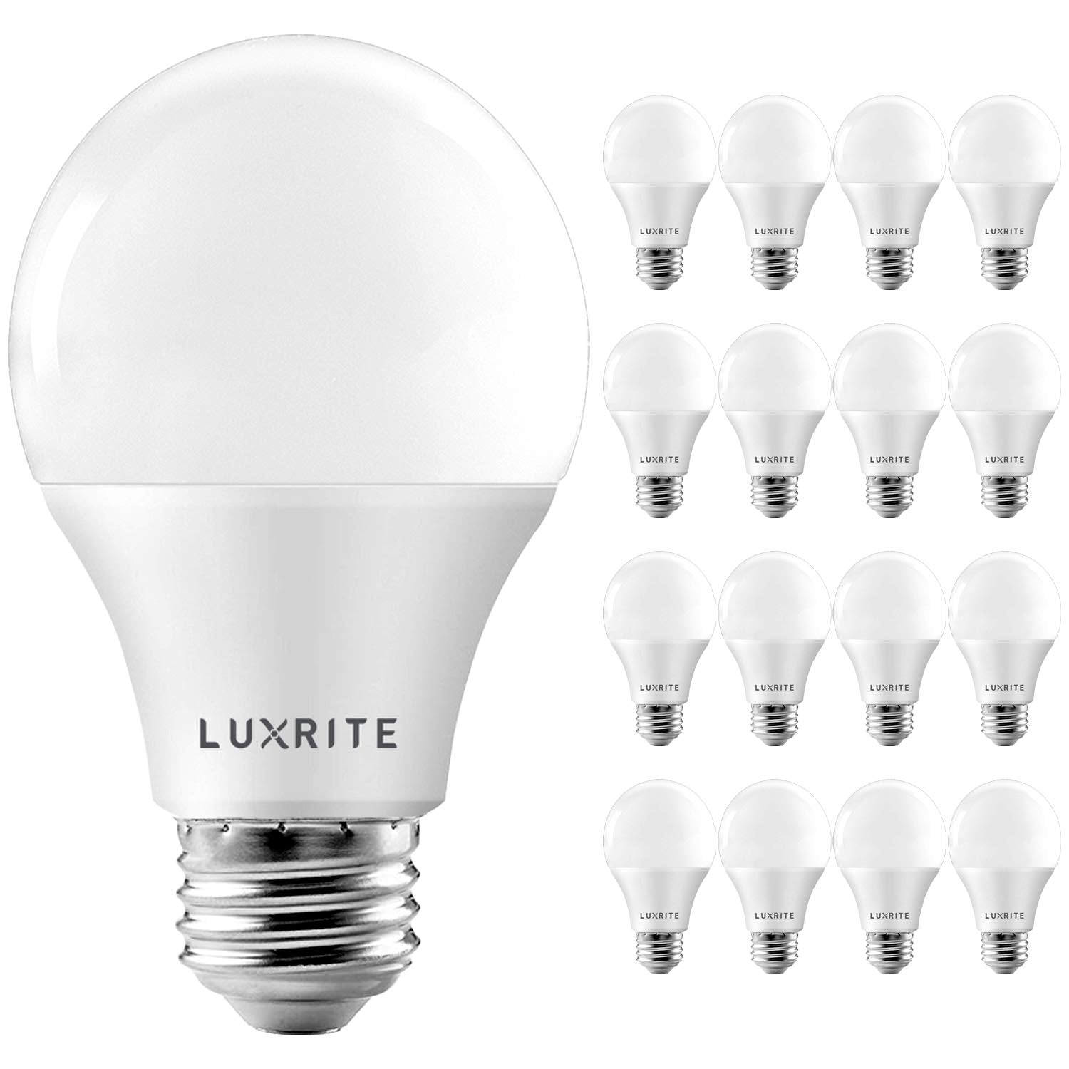 LUXRITE A19 LED Bulb 60W Equivalent, 5000K Bright White, 800 Lumens, Dimmable Standard LED Light Bulbs 9W, Enclosed Fixture Rated, Energy Star, E26 Medium Base - Indoor and Outdoor (16 Pack)