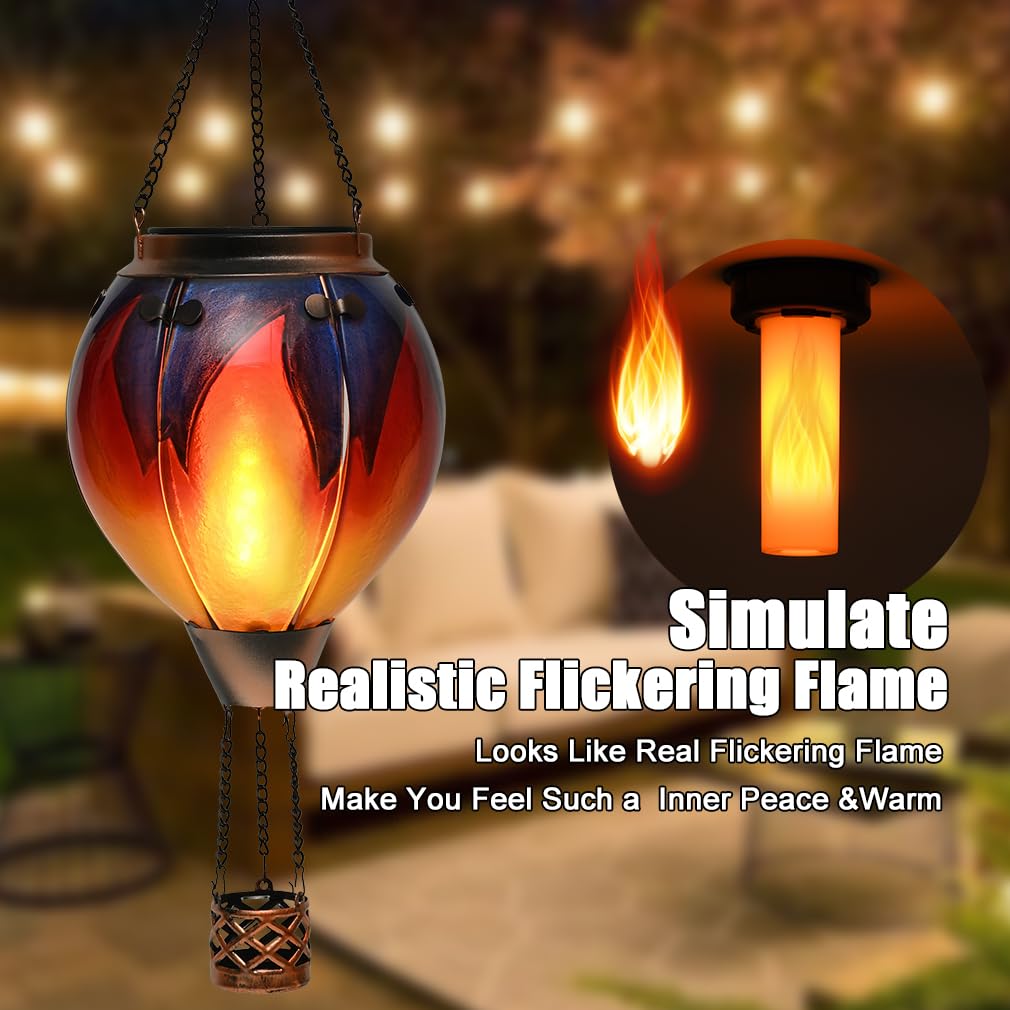 Hot Air Balloon Solar Lantern - Simulated Flickering & Dancing Flame Glass Lantern   Outdoor Hanging Yard Light Waterproof Ip65 For Garden Patio Lawn Porch Decor Gift