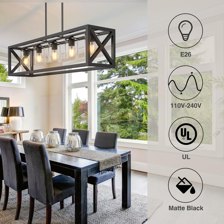 Espird 5-Light Farmhouse Dining Room Light Fixture, Matte Black Metal Chandelier, Adjustable Height for Kitchen Island