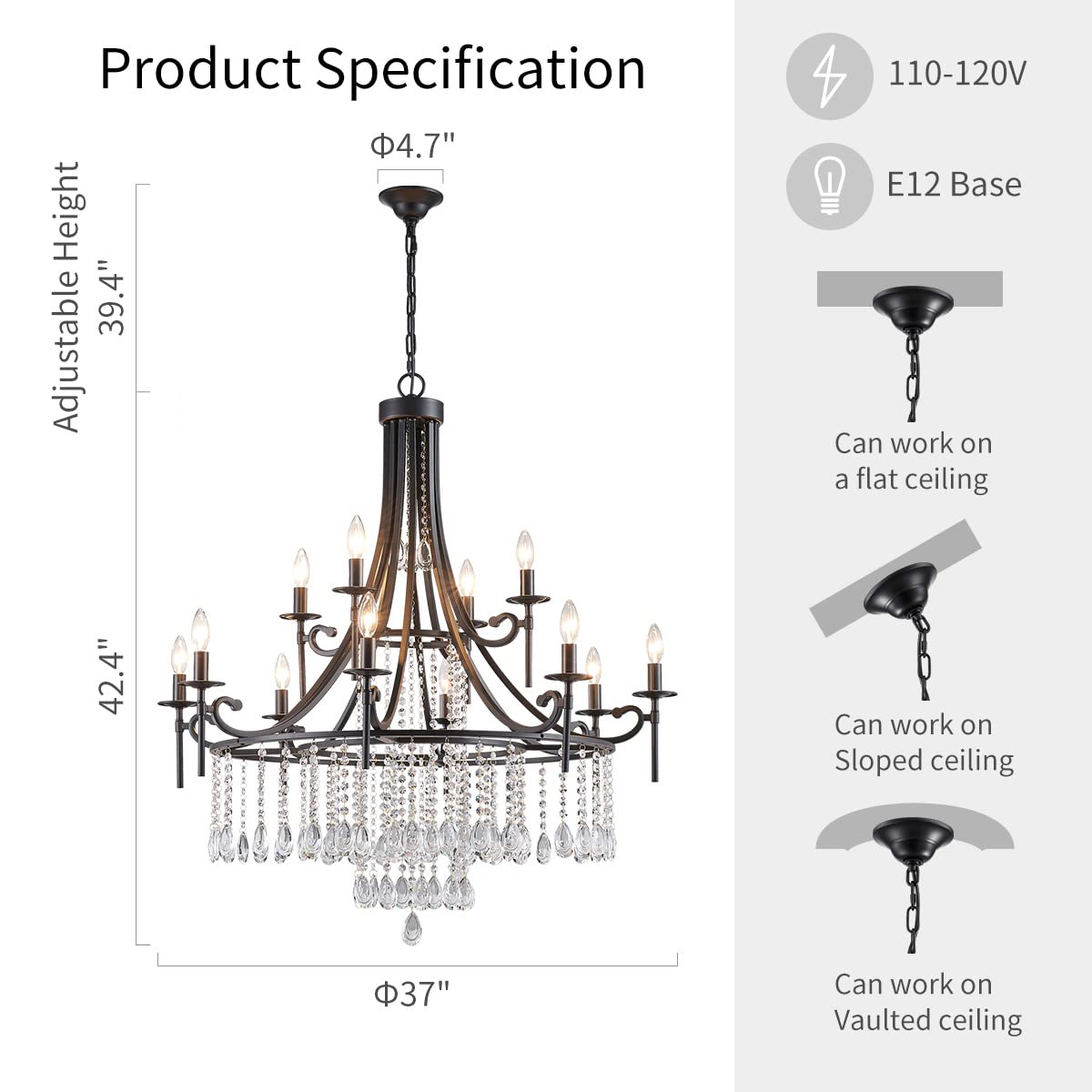 WUZUPS 12-Light Candle Chandelier Pendant Light, Black Metal Modern Fixture for Bedroom, Hallway, Kitchen, Living Room