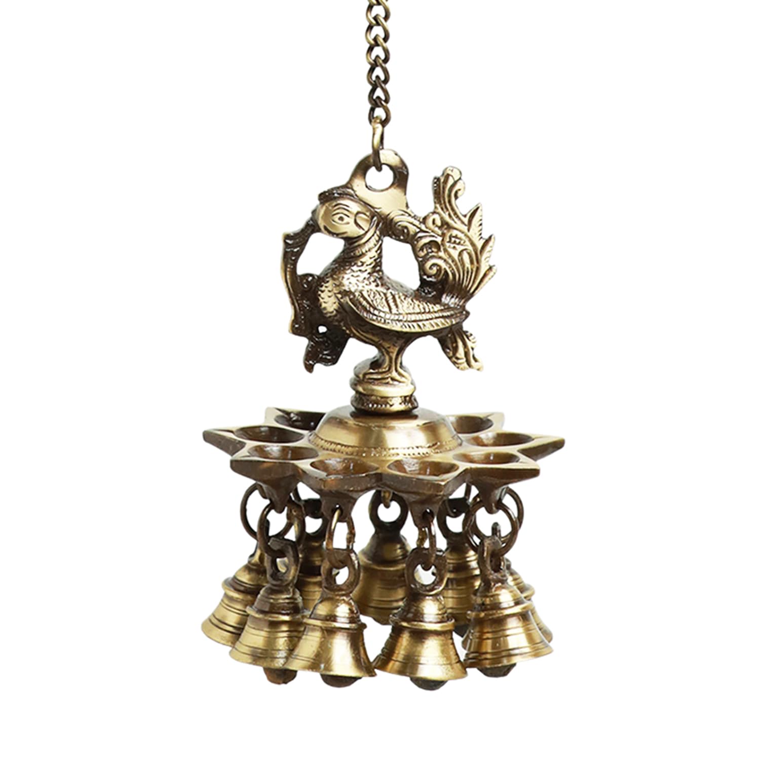 ExclusiveLane Paradise Peacock Hand-Etched Decorative Pure Brass Hanging Diya for Puja Room Mandir with Bell (9 Diyas & Bells, 2