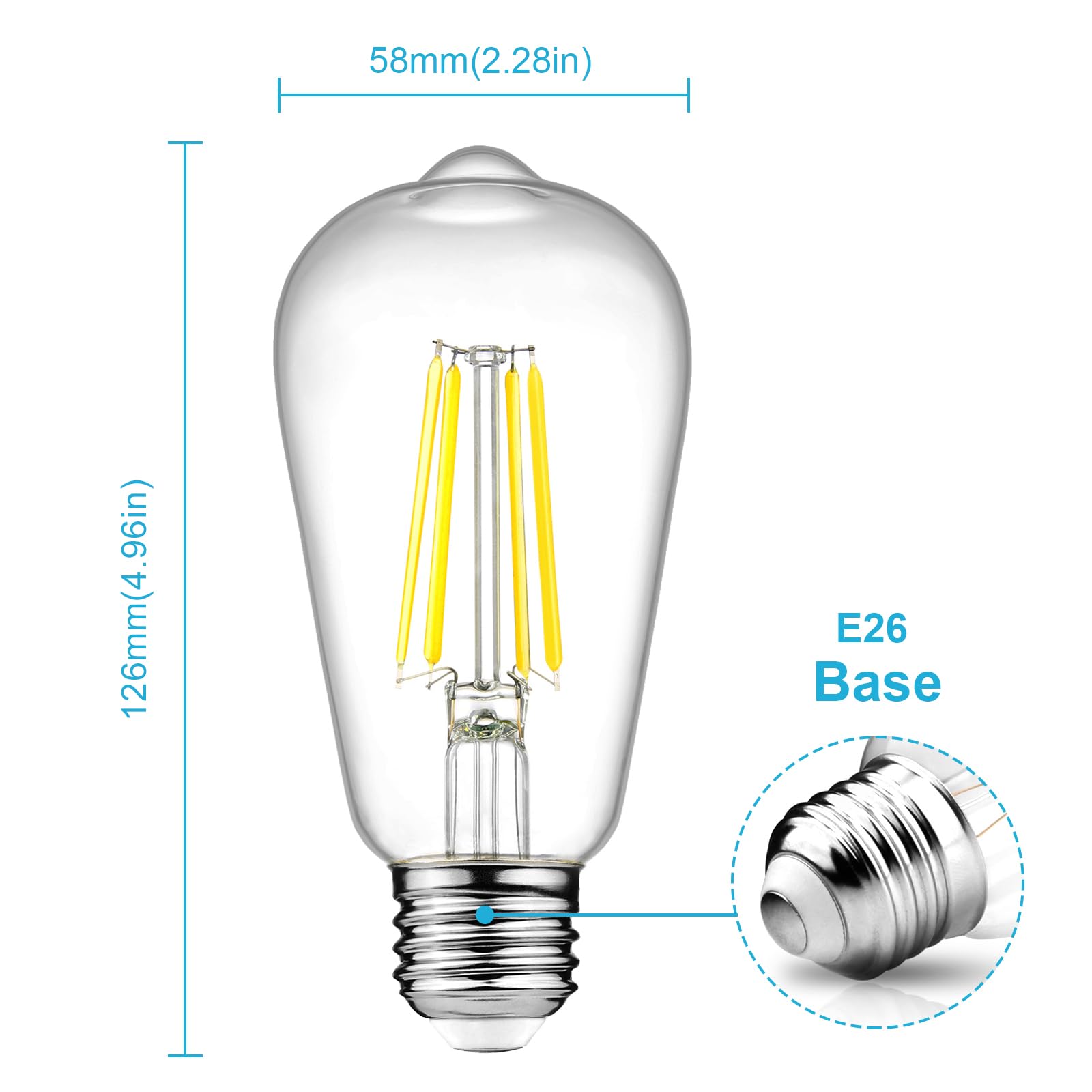 Ascher Dimmable Vintage LED Edison Bulbs, 6W Equivalent, Daylight White 4000K, Clear Glass, E26 Medium Base, 6 Count