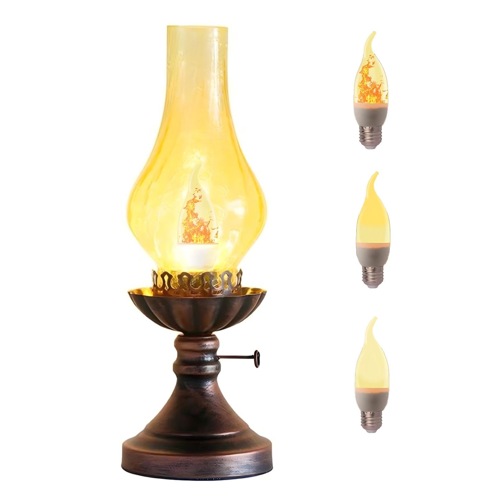 Vintage Table Lamp - 3 - Mode Dimmable Retro Rustic Desk Lamp with Crackle Glass Shade, Antique Victorian Western Style, E26 Bul