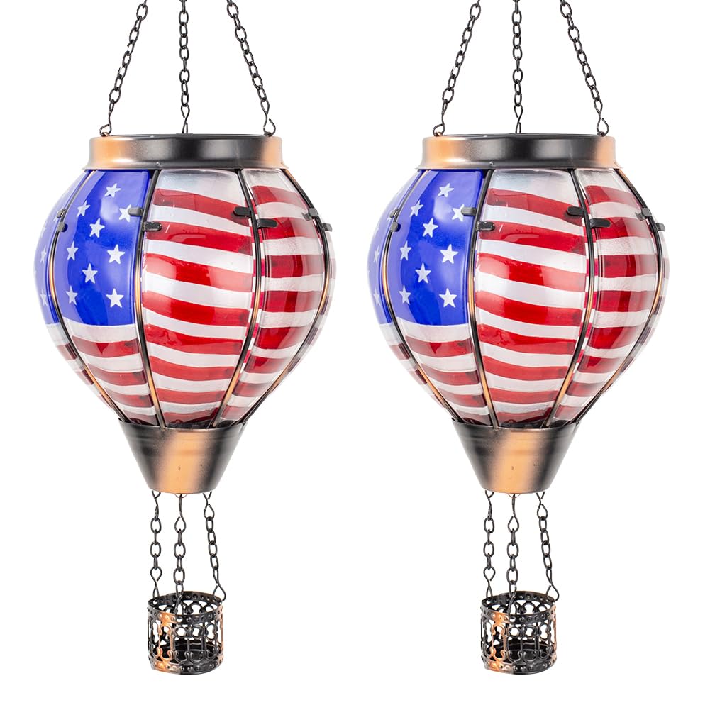 YELENEW 2PCS Flag Solar Hot Air Balloon Lantern with Flame Flickering Light,Glass Hot Air Balloon Solar Lanterns Outdoor Waterpr