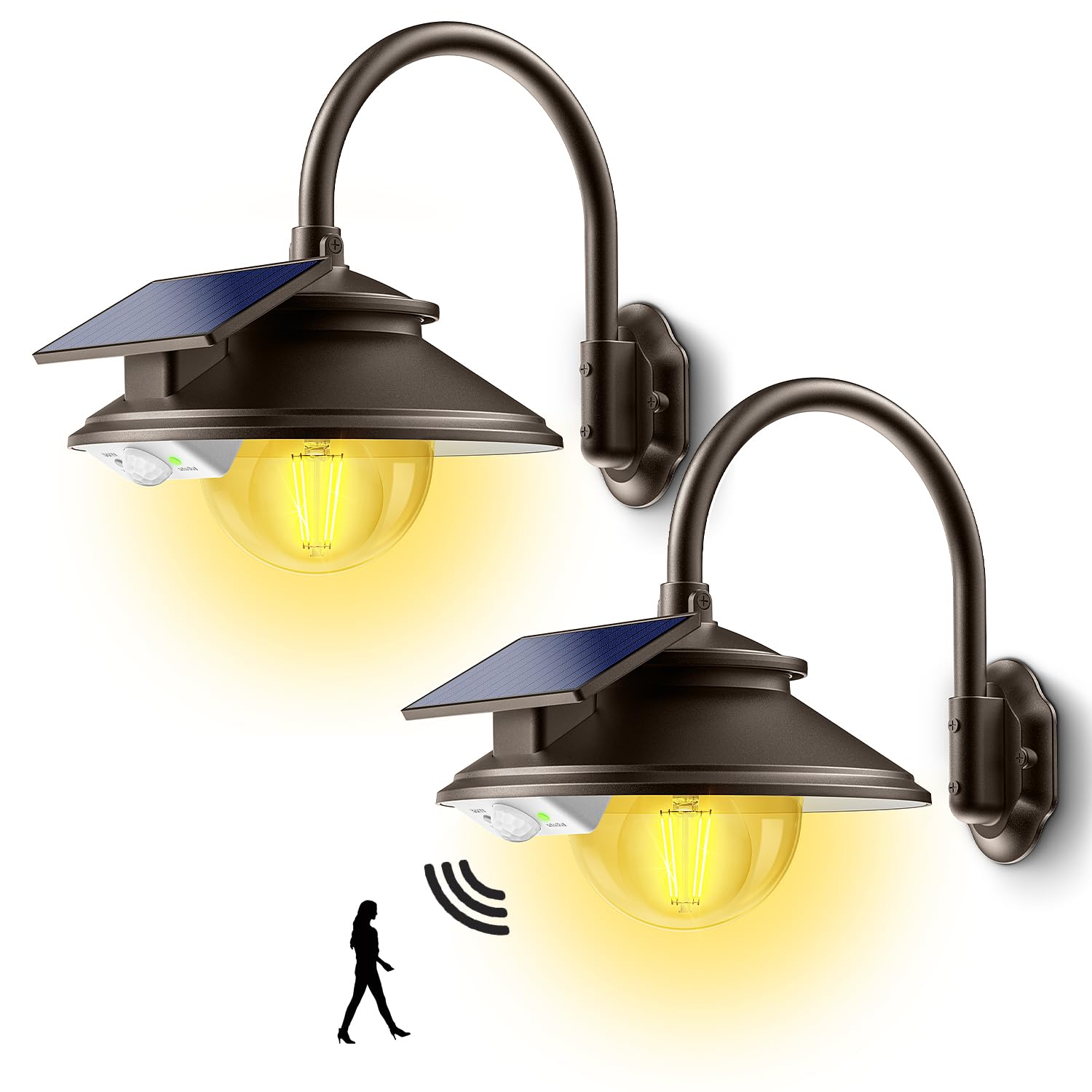 Siedinlar Solar Barn Light Outdoor 3 Modes 2 Lighting  Garage Shed Light Gooseneck Farmhouse Wall Light Waterproof With Remote/Motion Sensor For Garage Barn Shed Chicken Coop Dark Bronze (2 Pack)