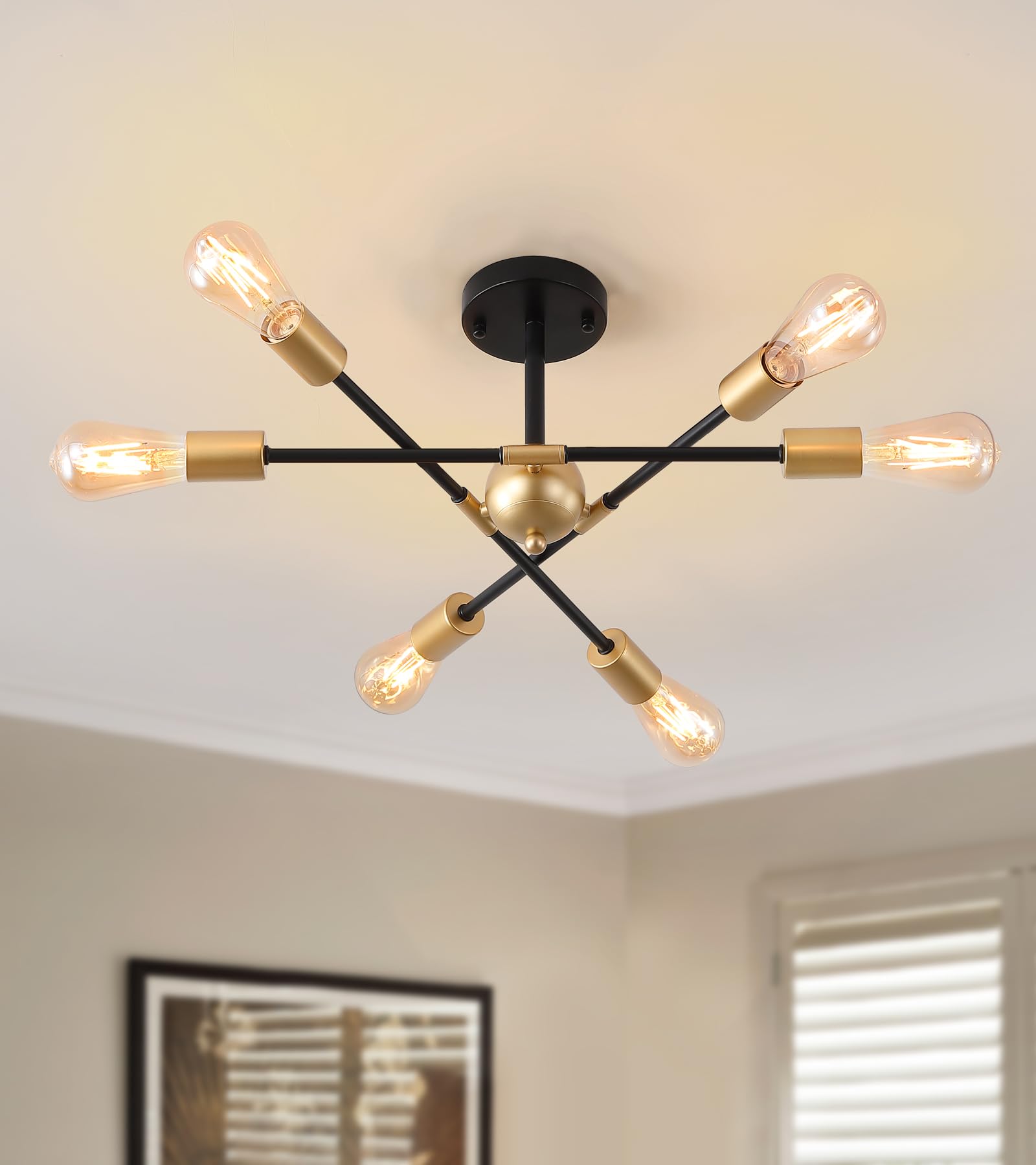 Meixisue Modern Semi Flush Mount Ceiling Light Fixture Black And Gold Close To Ceiling Light 6-Light Sputnik Chandelier Light Fi