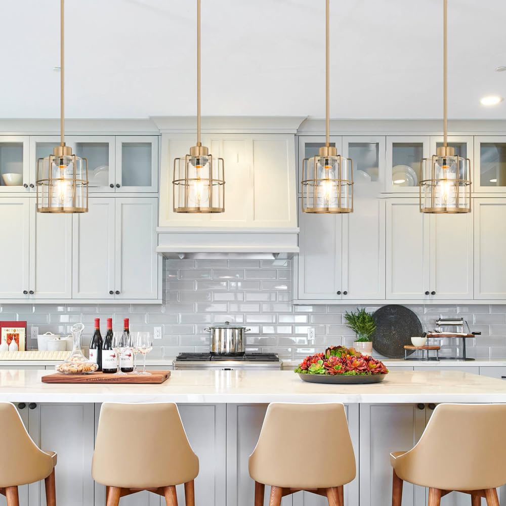 Modern Brass Pendant Light Kitchen Island Set Of 2  Farmhouse Gold Pendant Light With Clear Cylinder Glass  Adjustable Rod Bathroom Pandand Light Over Sink  Small Hanging Lighting For Home Decor  E26