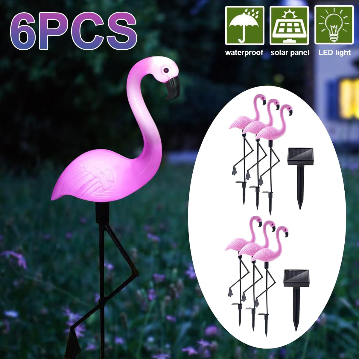 Ratopo Solar Flamingo Light 6 Pcs, Waterproof Solar Garden Lights Outdoor Decor, Pink Flamingo Garden Decor, Birthday Christmas New Home Gift, For Yard Lawn Walkway Pathway