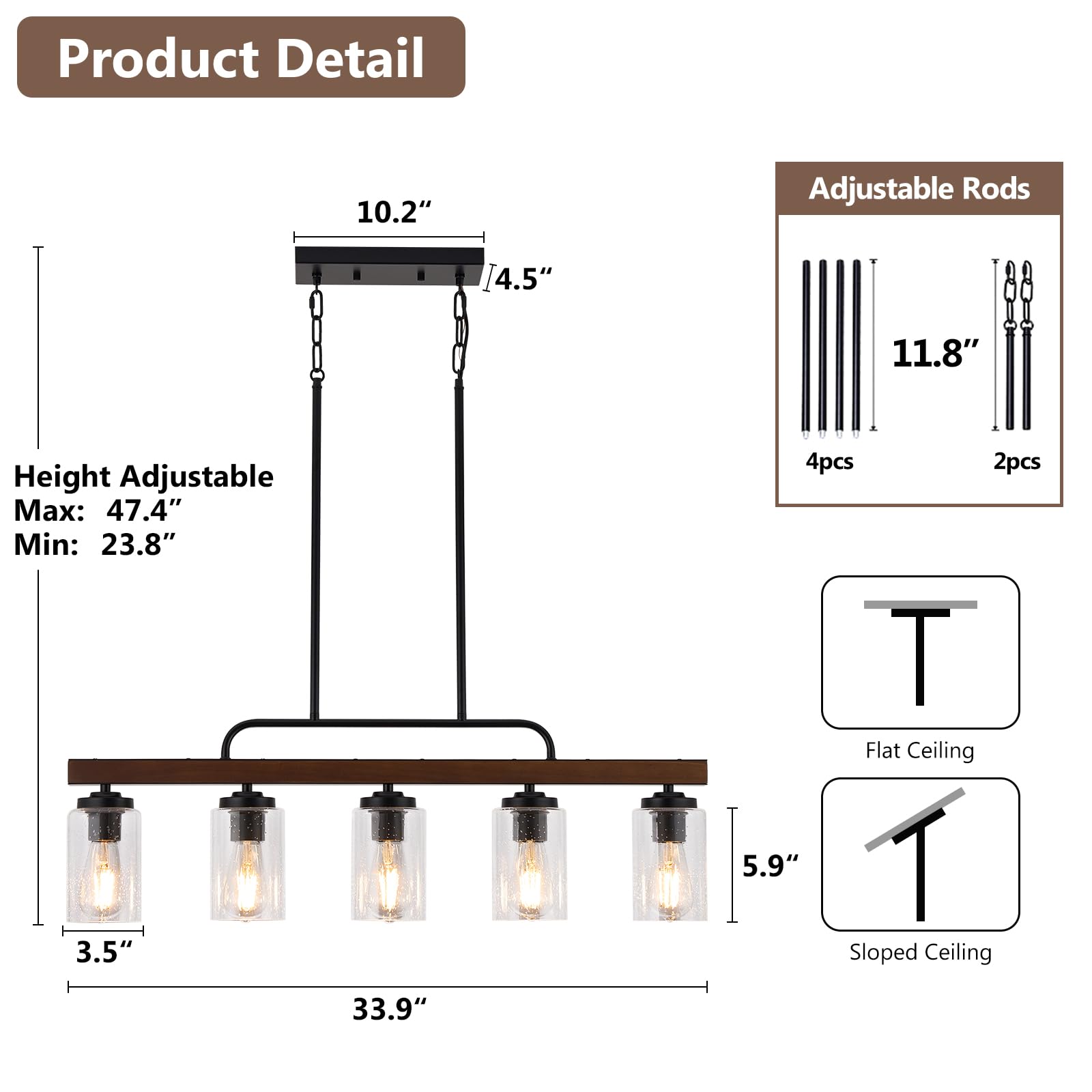 Farmhouse Chandelier 5-Light Dining Room Light Fixture Over Table Kitchen Island Lighting Rustic Chandeliers For Dining Light With Seeded Glass Shade Wood Pendant Lights Kitchen Island