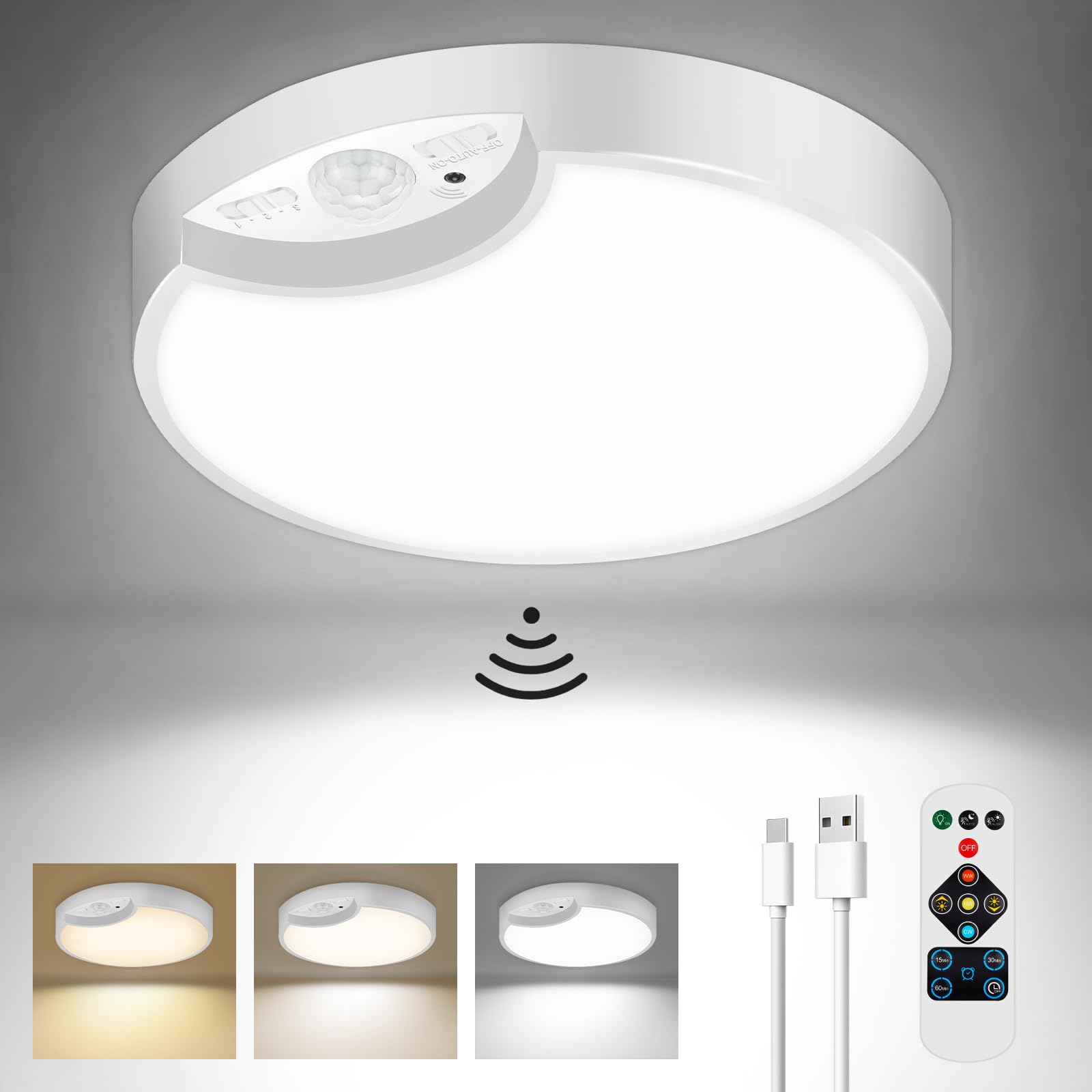 Rechargeable Motion Sensor Ceiling Lights, Battery Operated Closet Light with Remote, Battery Powered Shower Light for Inside Sh