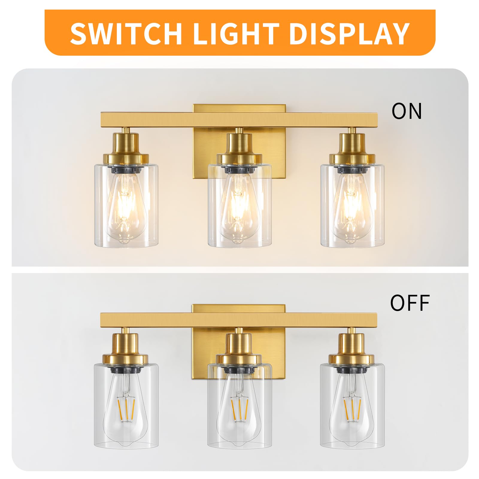 Dikaida 3 Light Gold Bathroom Light Fixtures, Bathroom Vanity Light Over Mirror, Gold Wall Sconce Vanity Lighting With Clear Gla