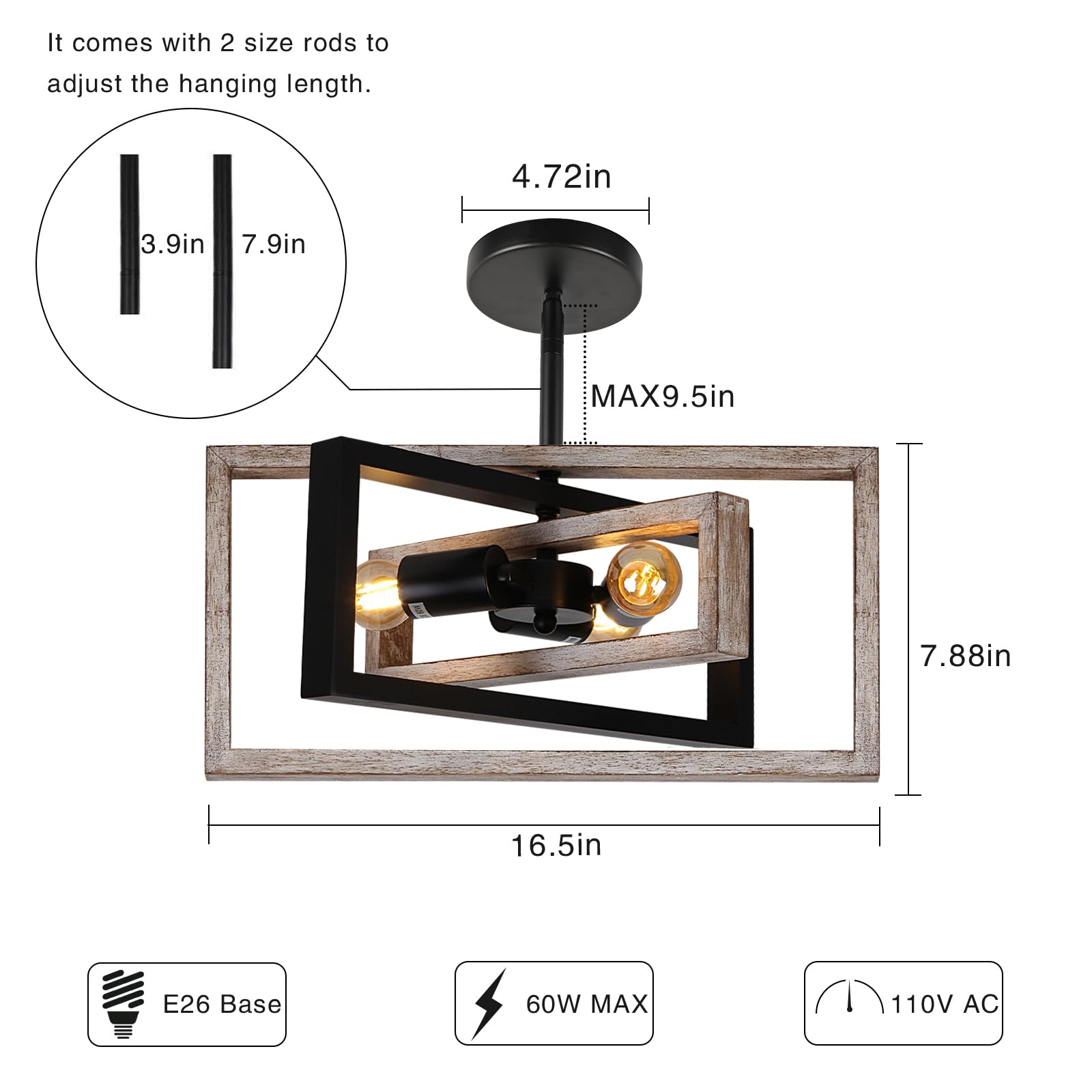 Huismier Farmhouse 3-Lights Flush Mount Ceiling Light Fixture  Industrial Wood And Metal Chandelier  Retro Close To Ceiling Lighting For Kitchen Entryway Hallway Bedroom Dining Room Living Room Foyer