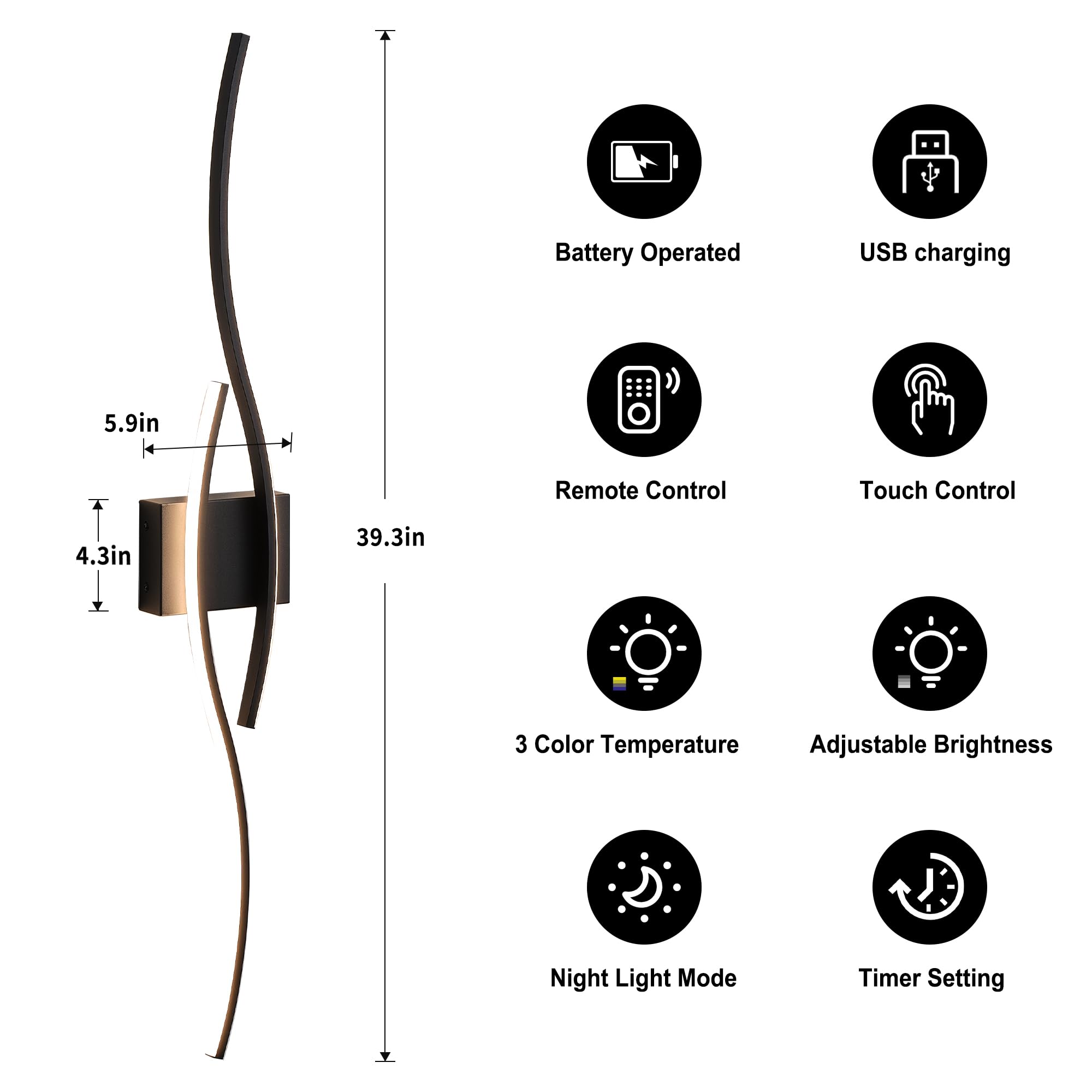 KARTOOSH Battery Operated Wall Sconces Set of Two, Dimmable LED, 39.3 Inch, Black, Model ZM324BBL100