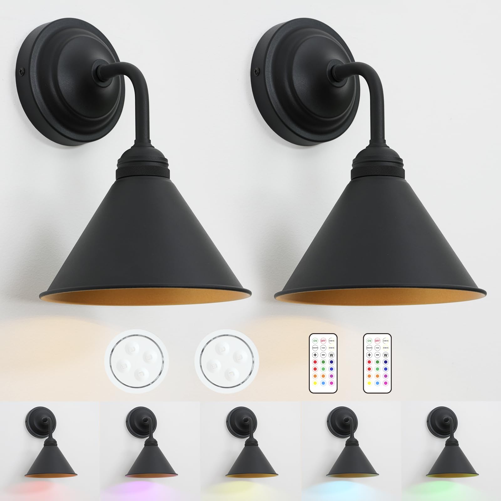 HEQIQEH Wall Sconces Set of 2, Battery Operated, RGB Color Changing, Dimmable, Metal, Black, Model HQ-BWT26B2