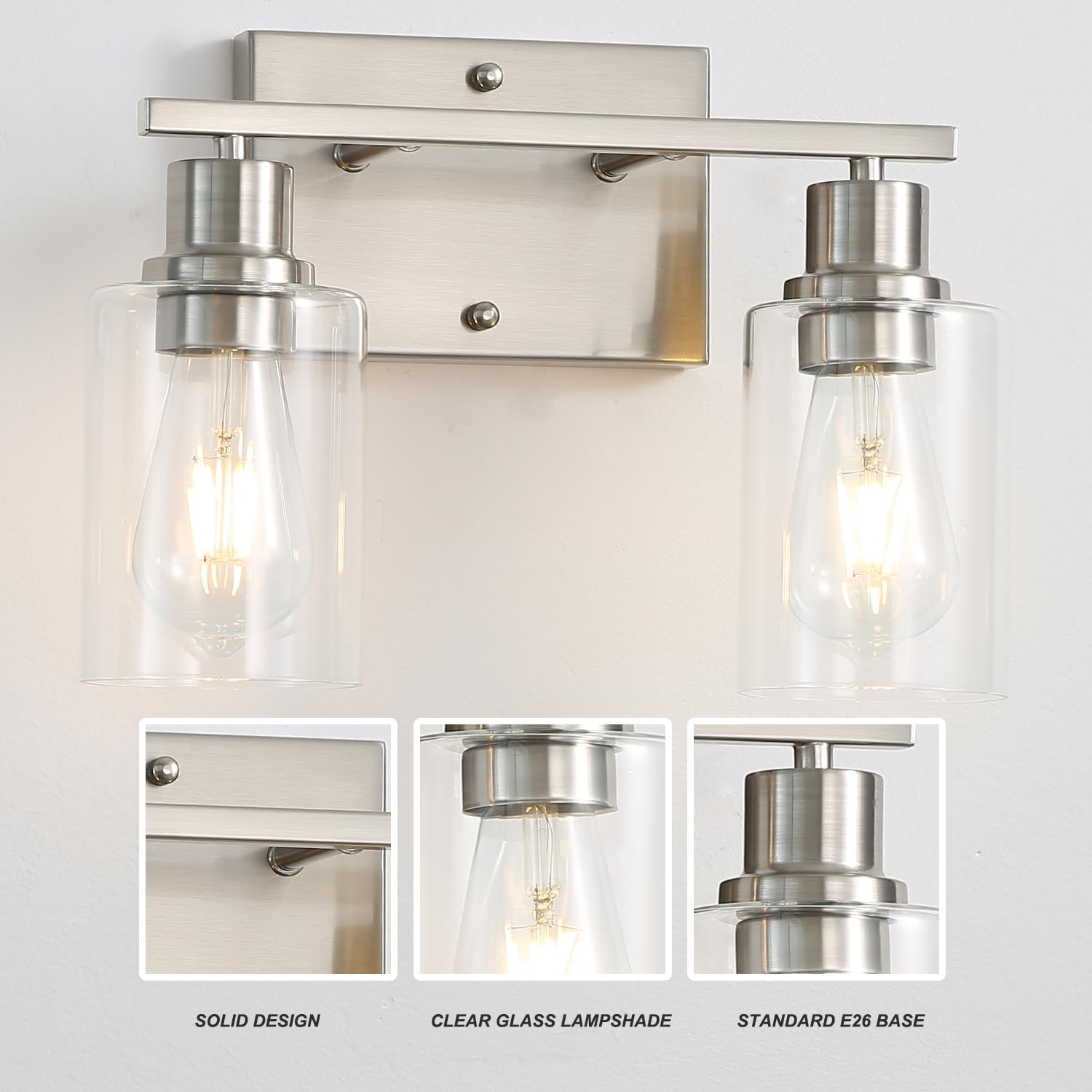 Jodauirt Farmhouse Wall Sconces 2-Lights Brushed Nickel Bathroom Vanity Light Fixtures,Classic Wall Sconces With Clear Glass Shades, Modern Wall Lighting ?For Mirror,Bedroom,Living Room
