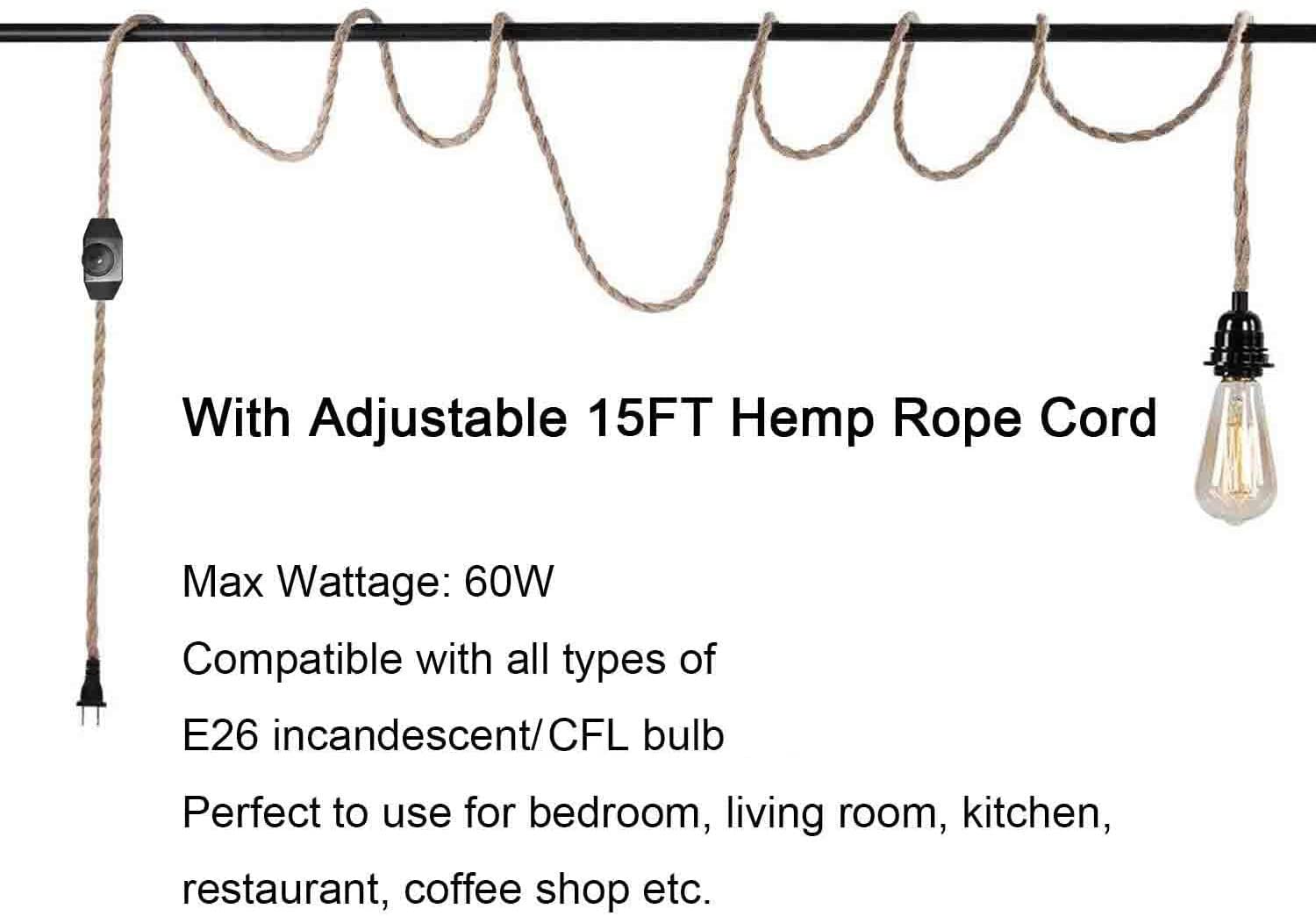 [2Pack 15Ft]Pendant Light Cord Kit With Dimmer Switch,Twisted Hemp Rope Vintage Plug In Hanging Lighting,Industrial Lamp Socket