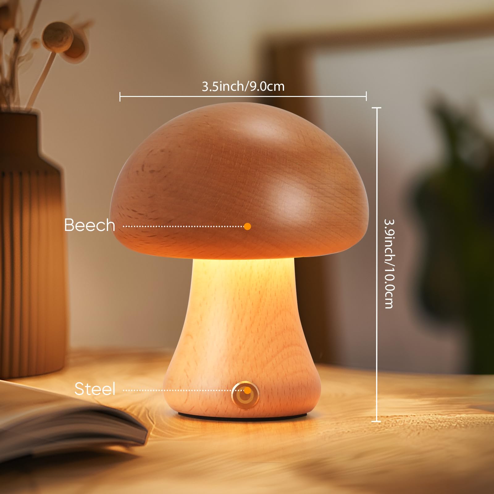 Lonrisway Creative Wood Mushroom Table Lamp, Portable Cordless Small Lamp, Rechargeable Battery Operated Lamp,Stepless Dimming,