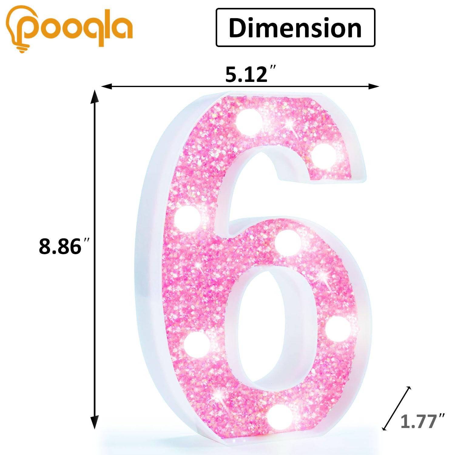 Pooqla Pink Light Up Number 6 - Battery Powered Glitter Night Light for Girls' Birthday, Cool White Decoration