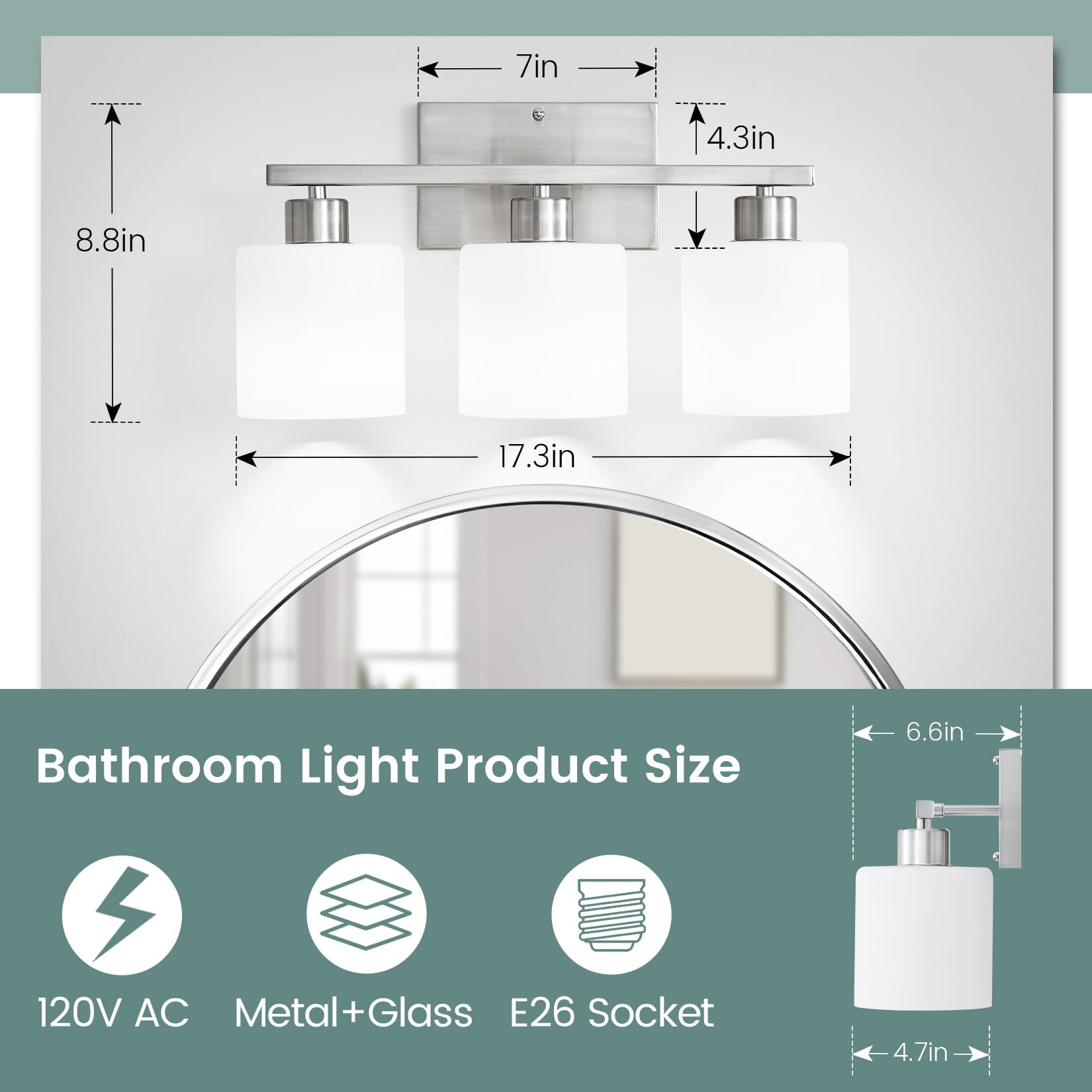 Rocunsi 3-Light Bathroom Vanity Light Fixtures Over Mirror, Brushed Nickel Vanity Wall Scones Lighting For Bedroom Living Room, Vanity Lights With Milky White Glass Shades, E26 Socket