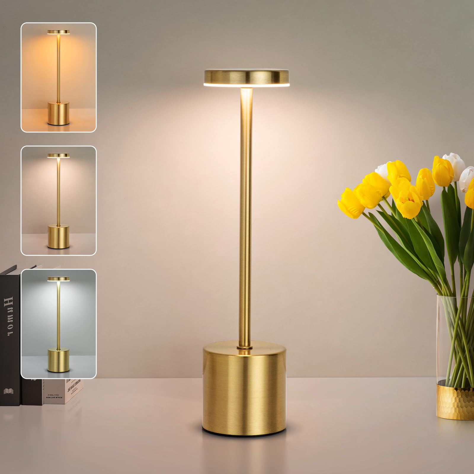 ZOOPEEN Gold Cordless Table Lamp,Rechargeable 5200mAH Battery Operated Touch Desk Lamp,3 Color Stepless Dimming Up Bedside Lamps
