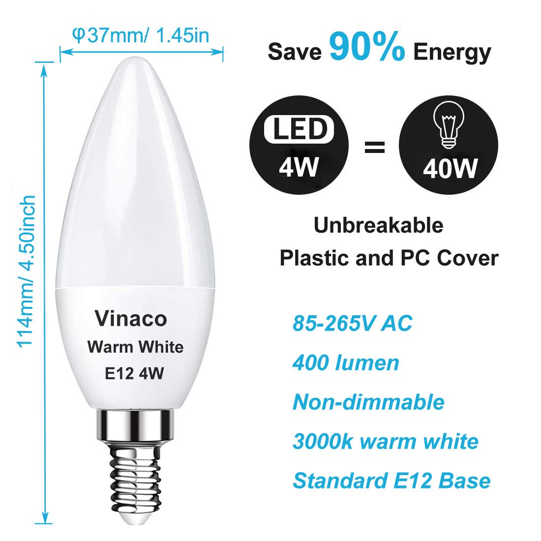Vinaco E12 LED Bulb 40W Warm White 3000K, 400LM Brightness, 2 Pack Candelabra Base