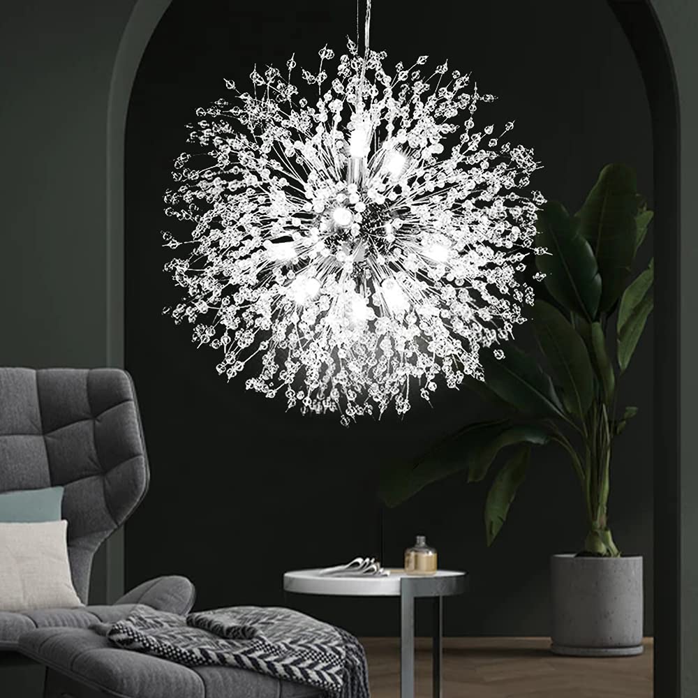 Goomavi Modern Firework Chrome Crystal Chandeliers, Sputnik Dandelion Chandelier Light Fixture Pendant Lighting for Dining Room, Living Room, Bedroom, Kitchen, Restaurant- 12 Lights