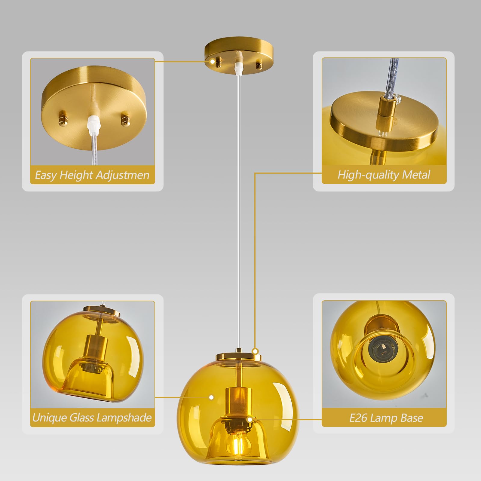 Lbsqj Yellow Glass Pendant Lights Kitchen Island Gold Hanging Light Fixture Glass Globe Pendant Light Modern Pendant Lighting For Kitchen Island Bedroom Dining Room (7.87  1 Pack)