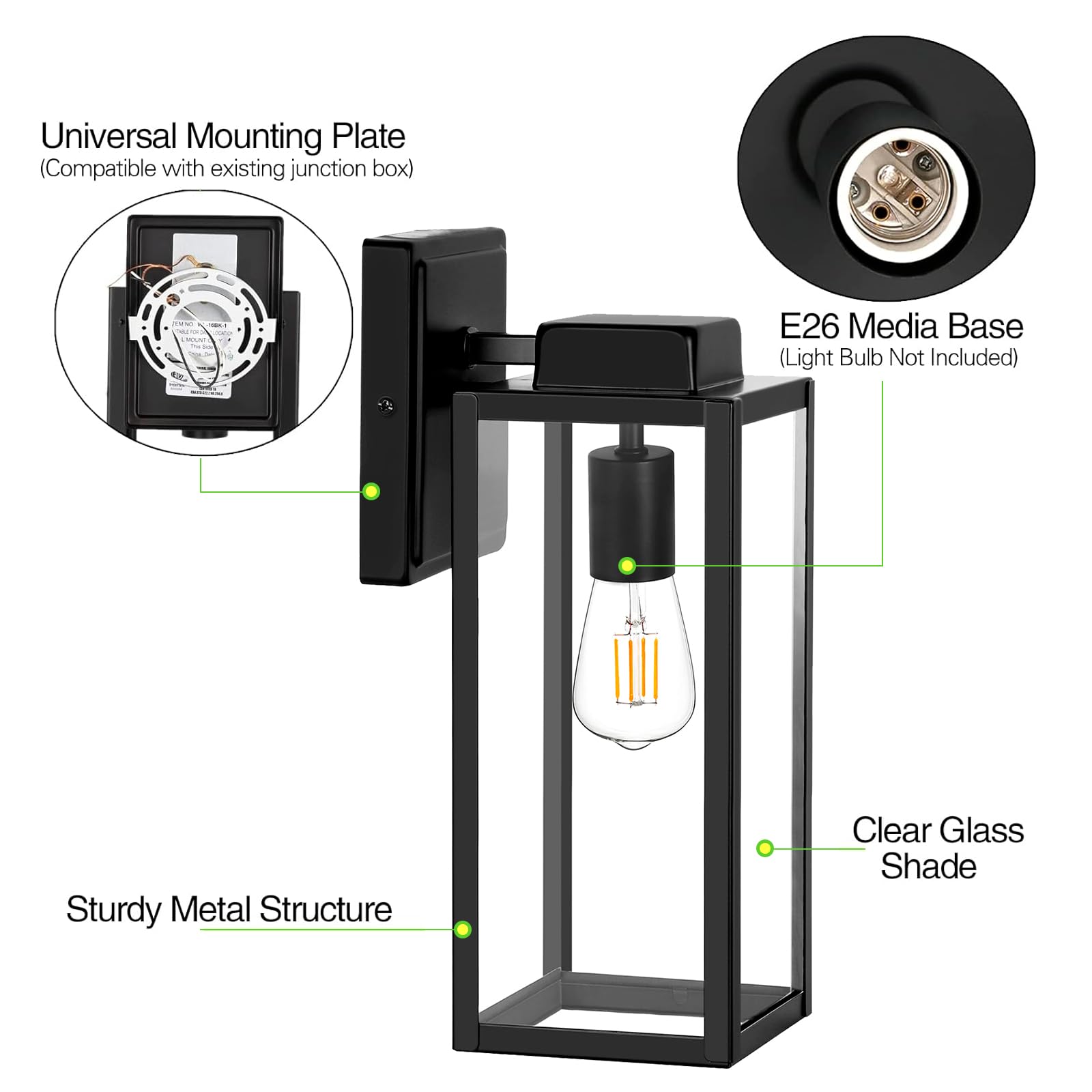 Hykolity Large Outdoor Wall Lantern, 16 Inch, Waterproof Metal Sconce, Matte Black, E26 Socket