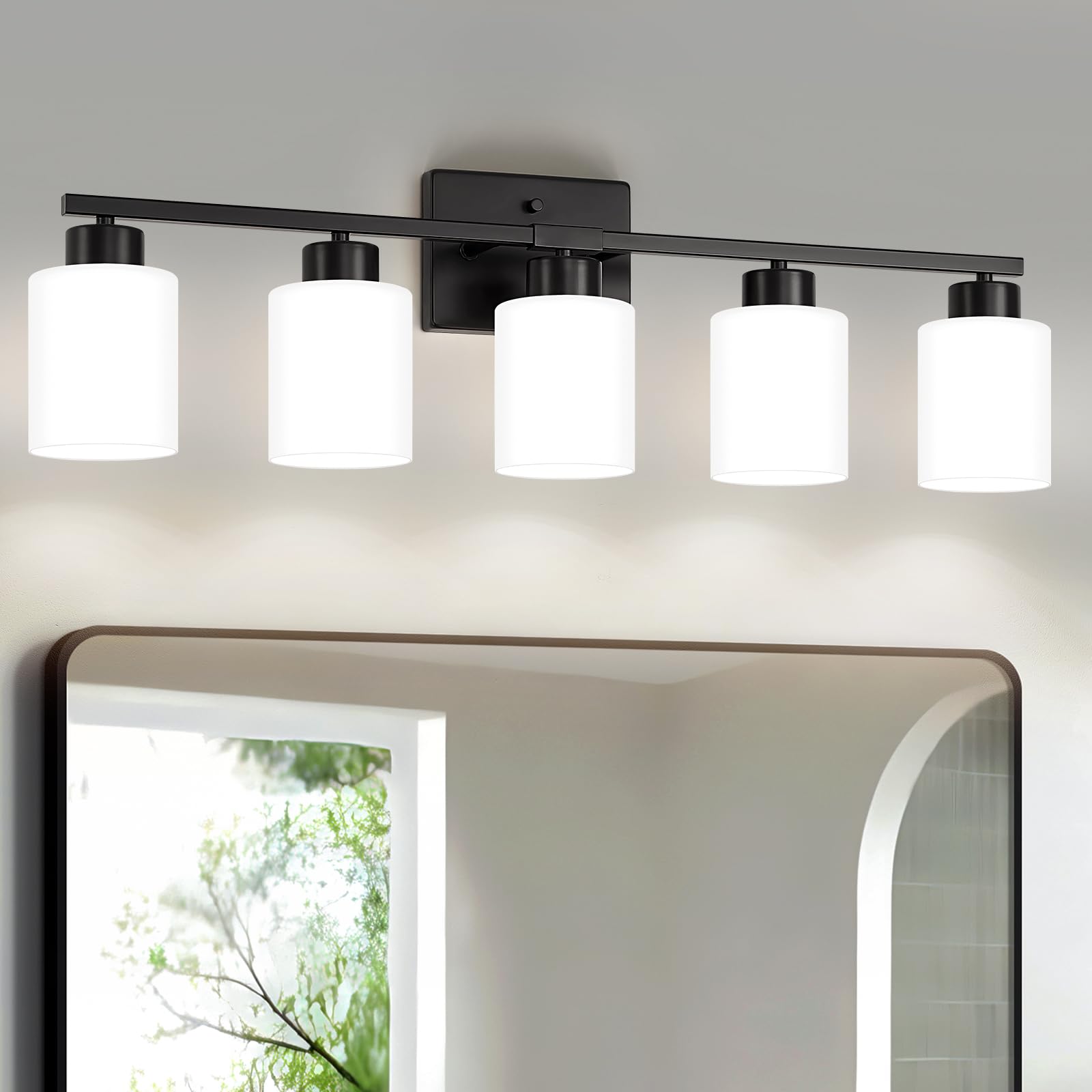 Fonmyim Black Bathroom Light Fixtures, 5-Light Modern Vanity Light Over Mirror, Wall Sconces With Milky White Frosted Glass Shad