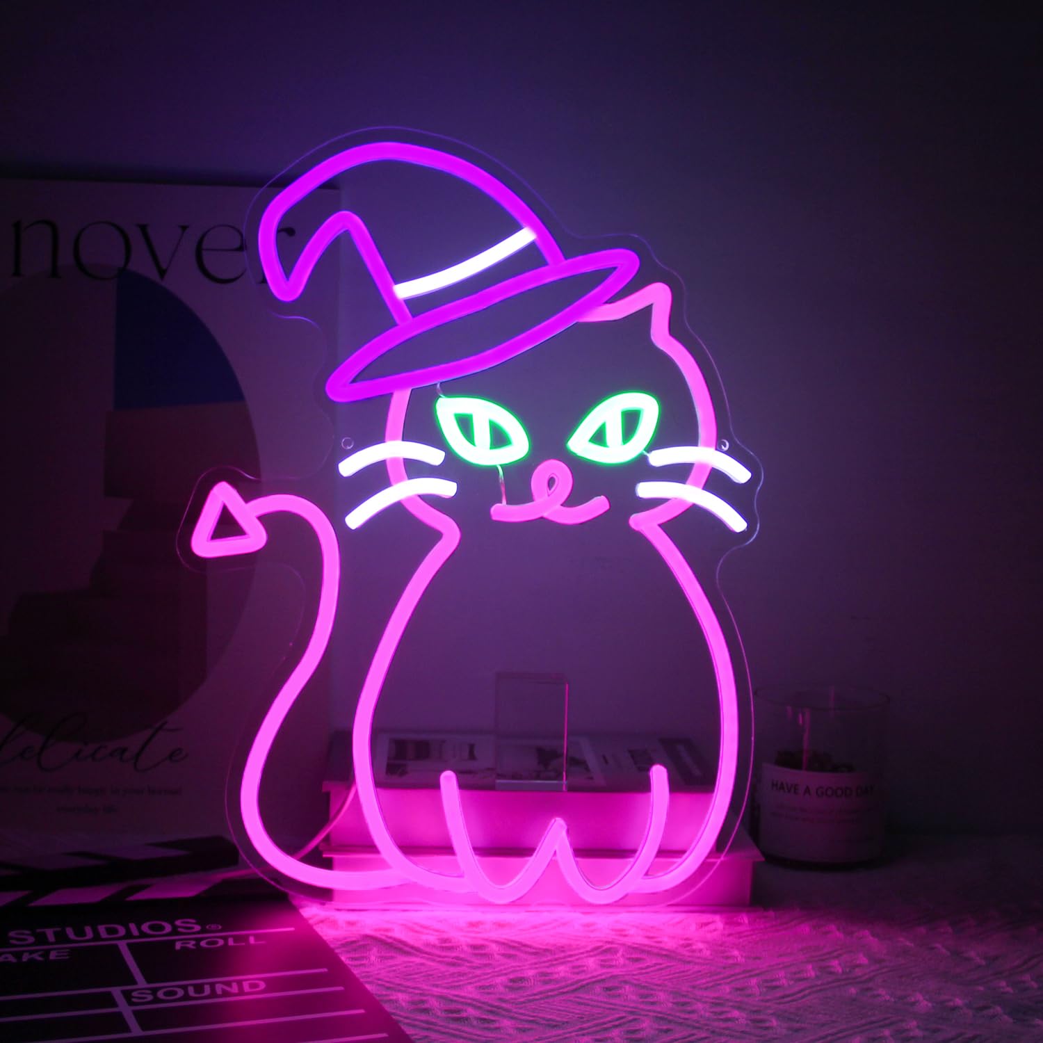 Pink Cat with Witch Hat Neon Sign Halloween LED Neon Signs for Wall Decor Cool Animal Neon LED Light Sign Halloween Witch Cat Light Up Signs for Bedroom Bar Party Decor Halloween Gifts