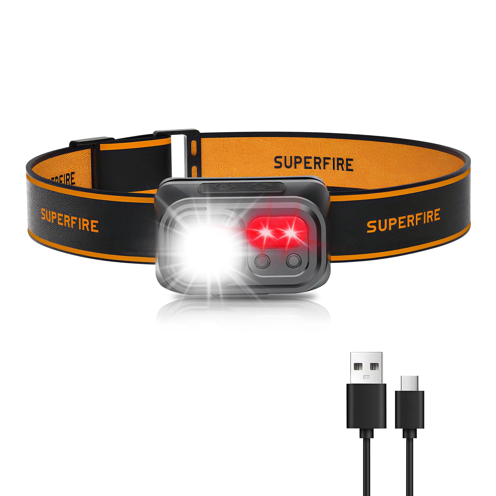 SuperFire LED Headlamp Rechargeable, 9 Modes, IPX4 Waterproof, Aluminum, Model HL23-S, Color HL23-S