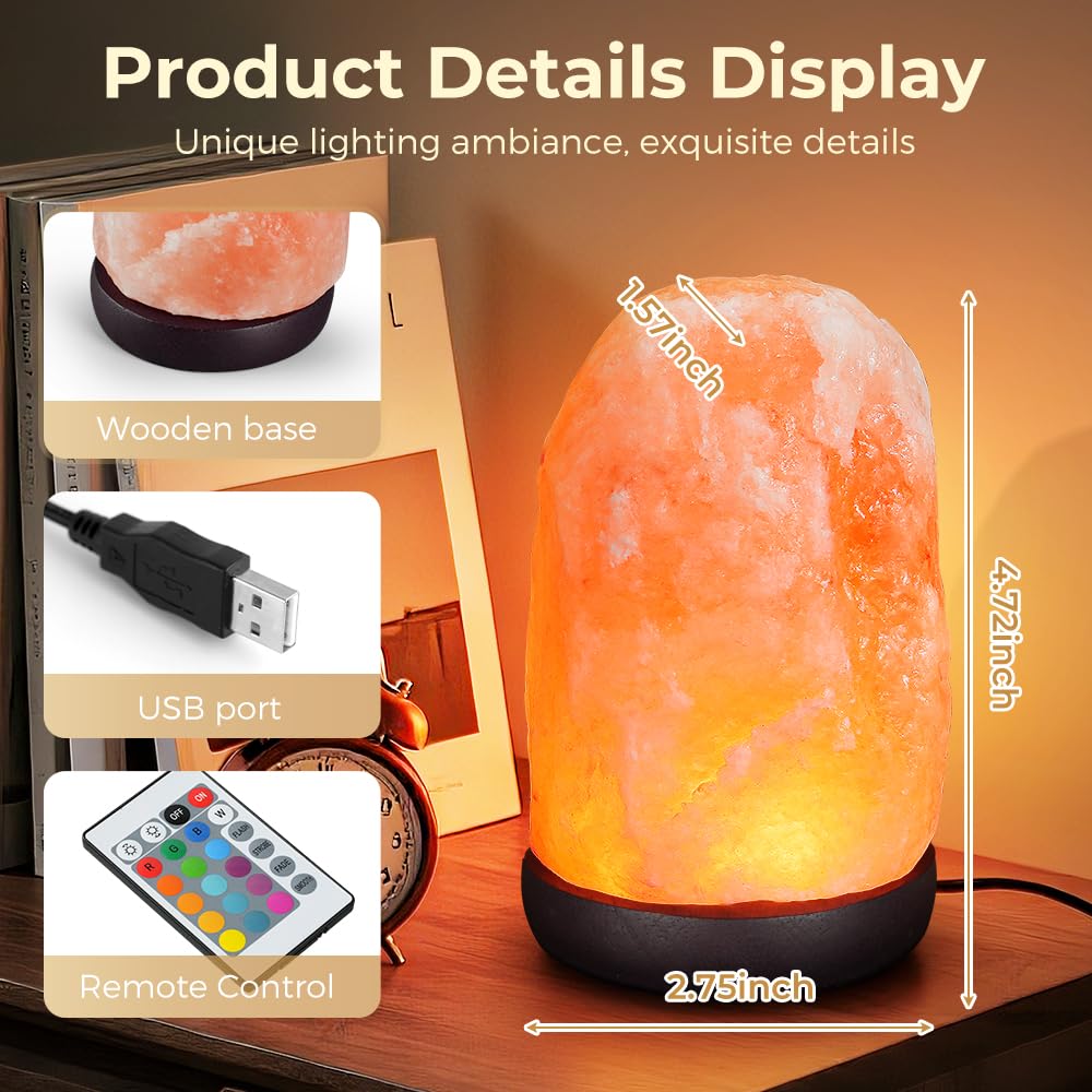 Liuliuyoyo Small Remote Salt Himalayan Salt Lamp 16 Colors, Natural Crystal Salt Rock Lamp Hand Carved Night Lights, USB Salt Cr