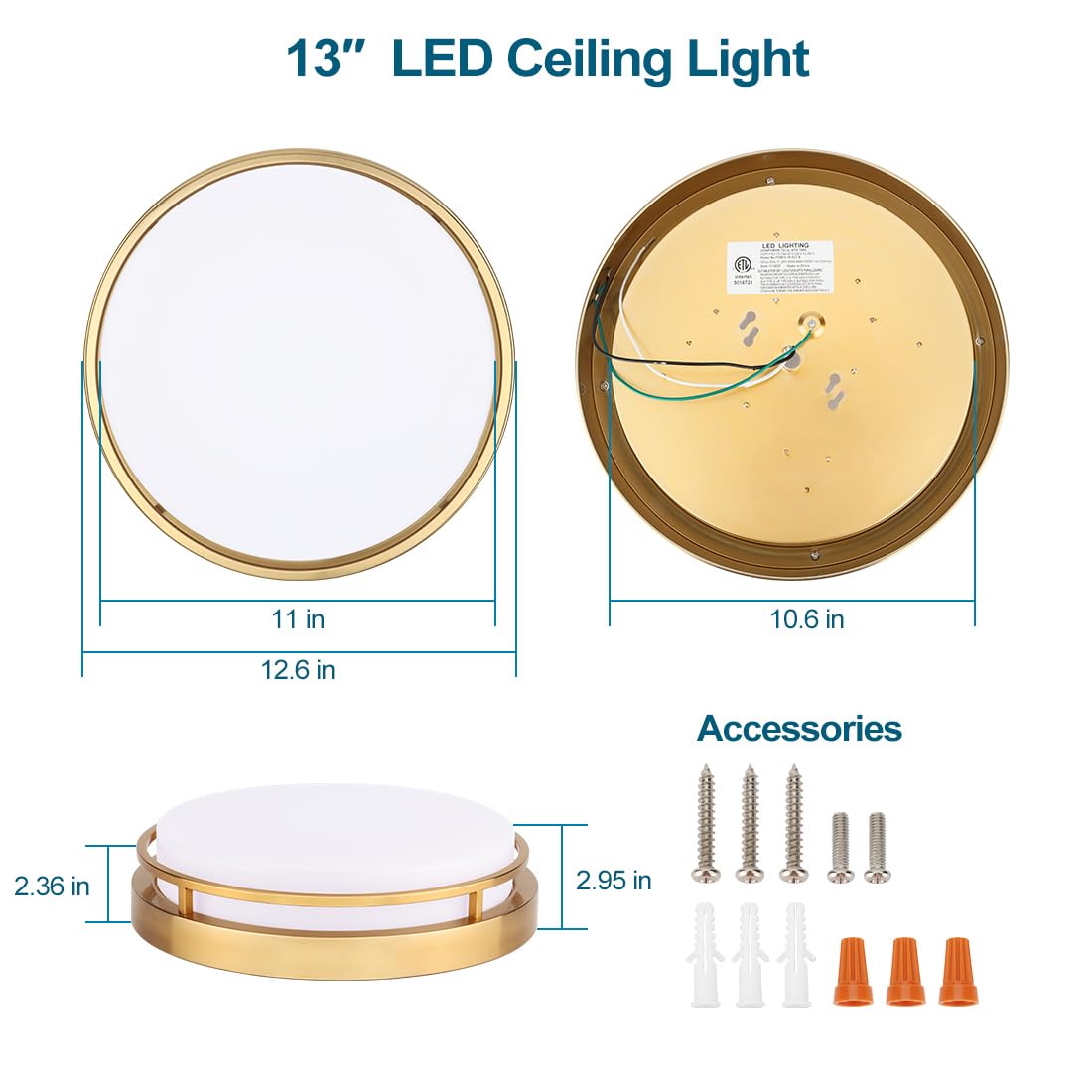 Xbuyee 20W LED Flush Mount Ceiling Light Fixture, Color Selectable 3000/4000/5000K, Dimmable, 13", Gold, Alloy Steel, Model da
