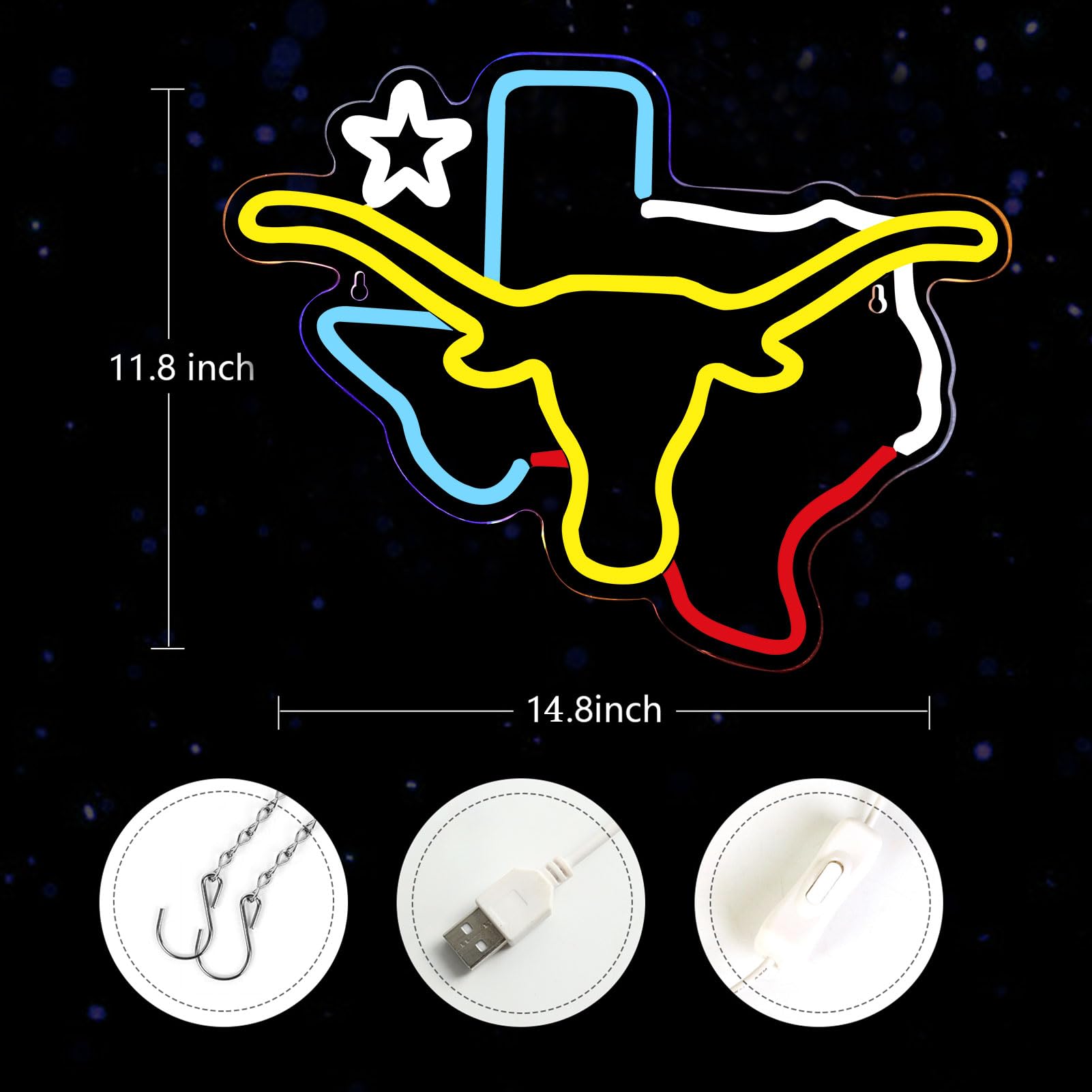 Pinlangdou TEXAS Neon Sign LED Wall Decor USB Powered 15x12 IN Yellow Plastic for Man Cave Bar Gift