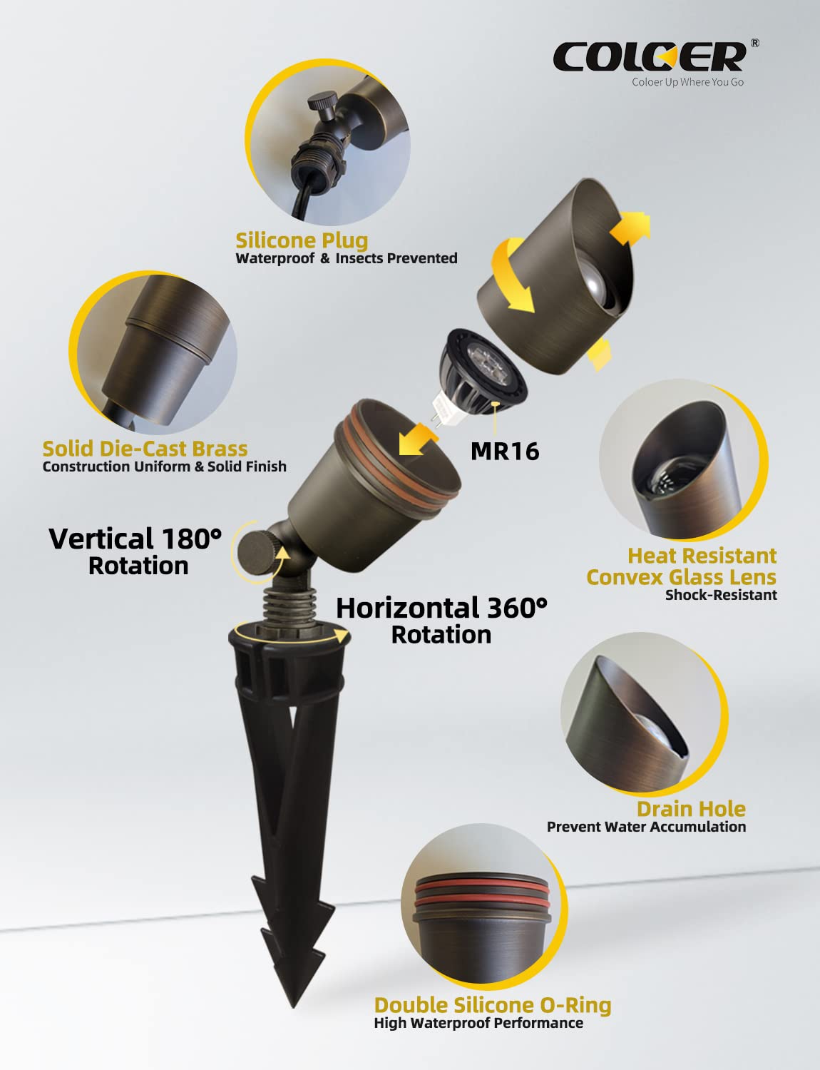 Coloer Die-Cast Brass Low Voltage Spotlight 1-Pack With 5W Aluminum Housing Mr16 Led Bulb 2700K 450Lm Cri85+,12V Ac/Dc Outdoor Landscape Lighting, Directional Garden Patio Spot Up Light(101B)