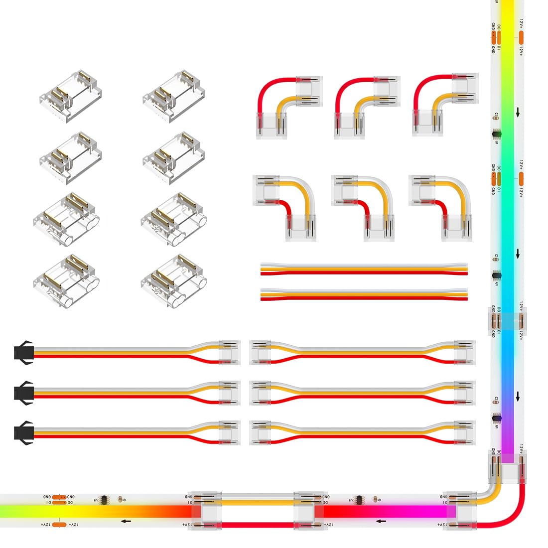 BTF-LIGHTING FCOB COB 12mm 3Pin Connectors Kit for WS2811 IC RGB 720LEDs/m COB LED Light,L-Shaped,Dual-End with Wire,Strip to 3P