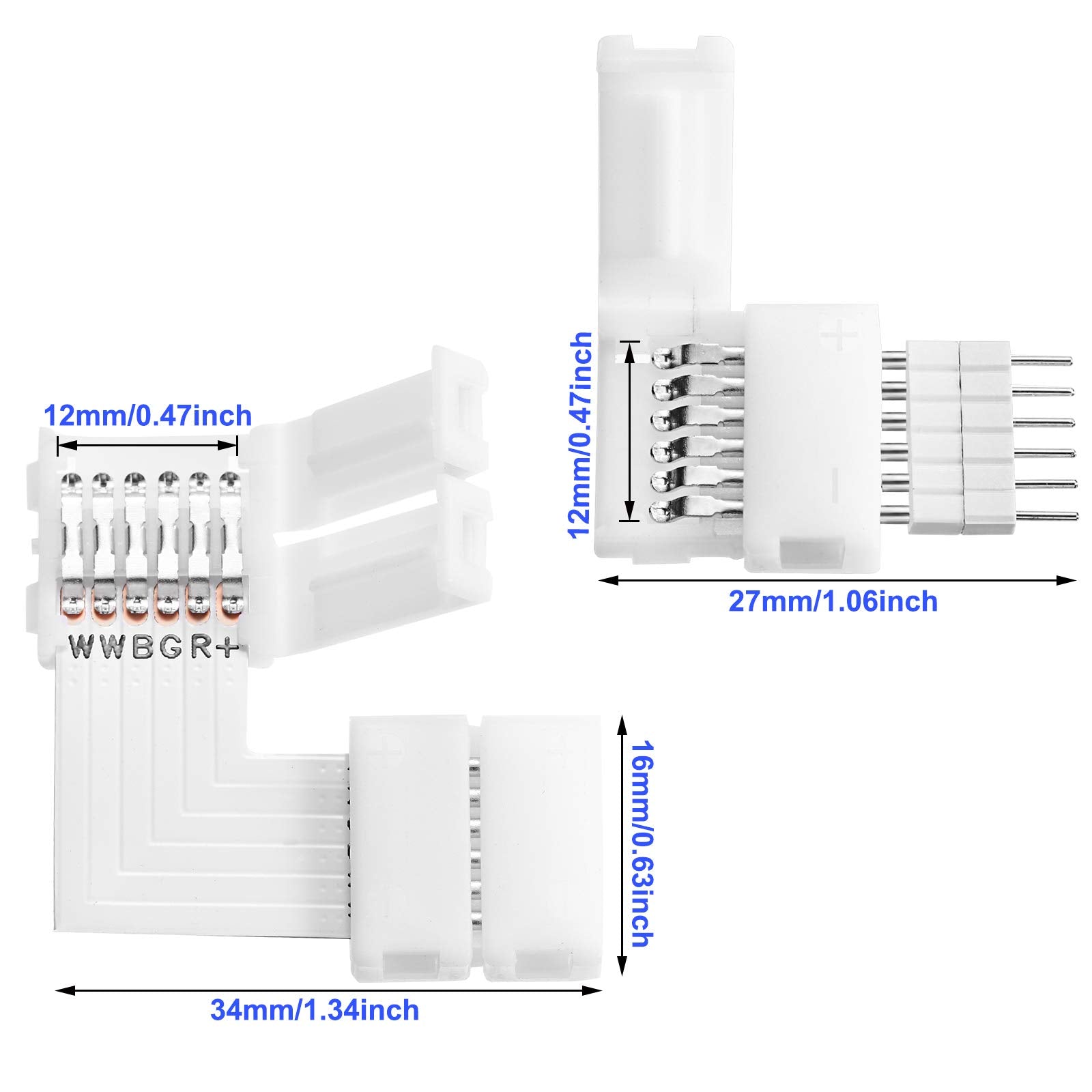 12 Pieces 6 Pins Led Strip Connectors Set L Shape Led Strip Light Connectors 12 Mm Solderless Connector For 6 Pin Led Strip