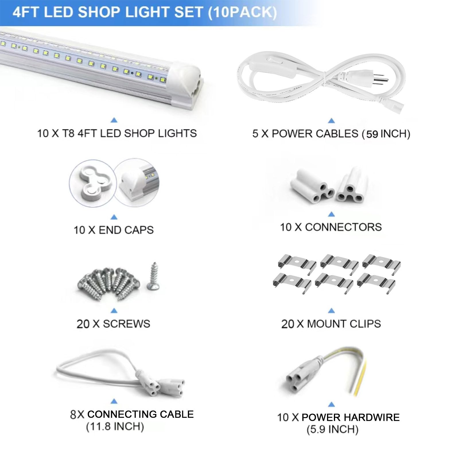 Phiwicsh LED Shop Light 4FT, 40W 5400LM, 6500K, V Shape, Aluminum, 10 Pack