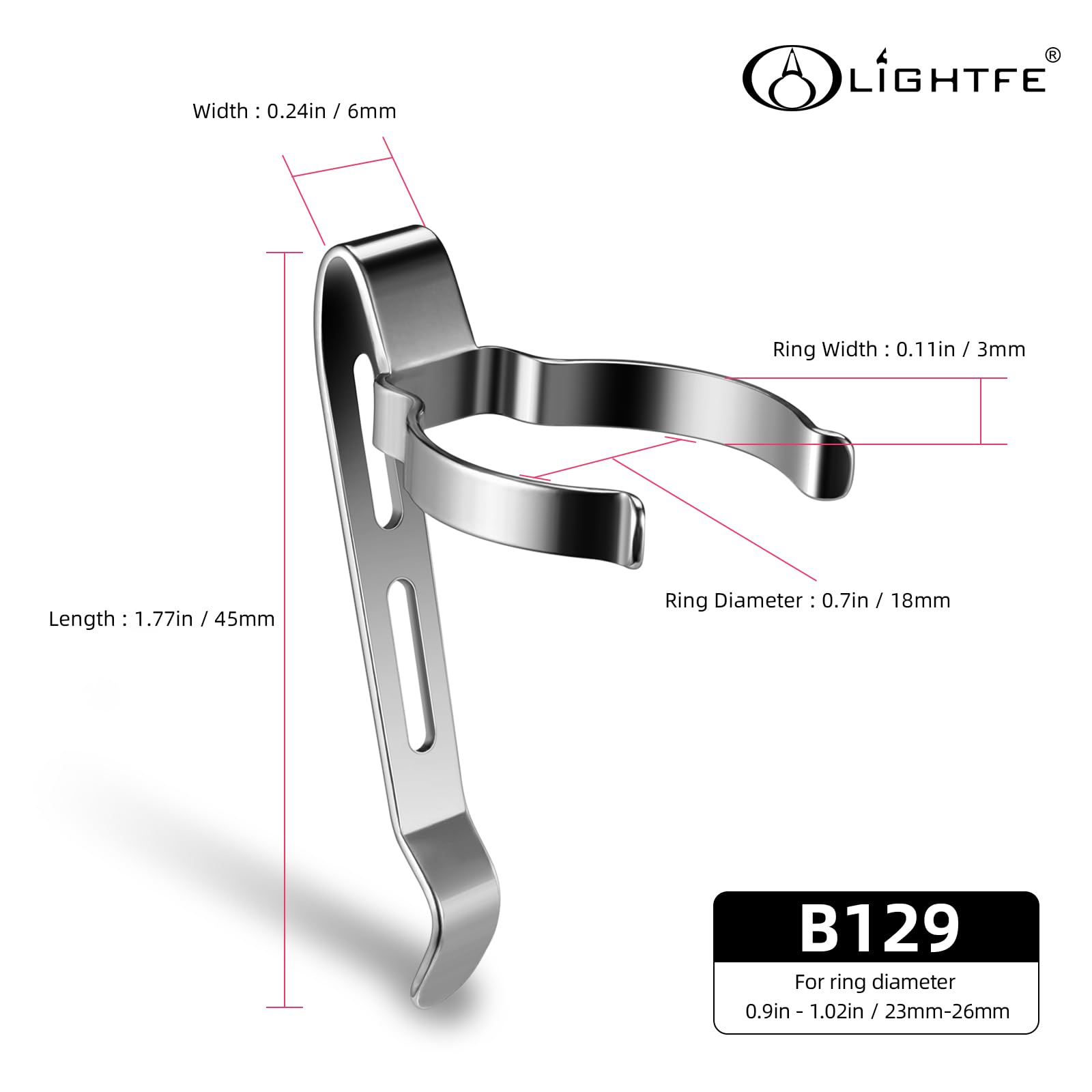 Lightfe B129 Flashlight Clip - Suitable For Flashlights 20-23Mm, 3-3.4Mm Slot Width - Stainless Steel Pen, Hat, Pocket, Bag Clip