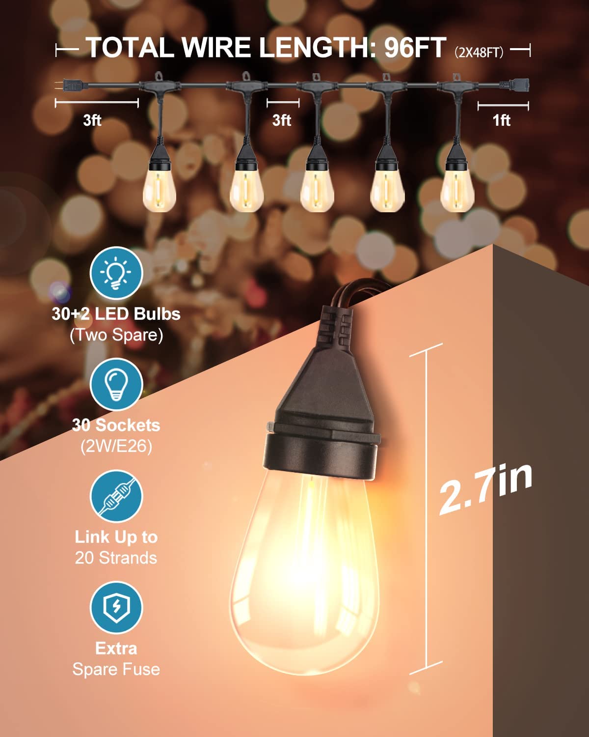 Lightdot 96FT Outdoor LED Patio String Lights, Warm White, Shatterproof Edison Bulbs, Heavy-Duty, Model S14-2Pack