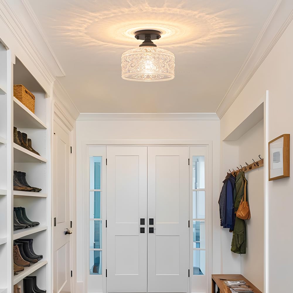 Small Semi Flush Mount Ceiling Light Fixture  Vintage Matte Black Close To Ceiling Lighting With Etched Glass Shade For Hallway  Kitchen  Entryway (Retro Design  Easy Install)