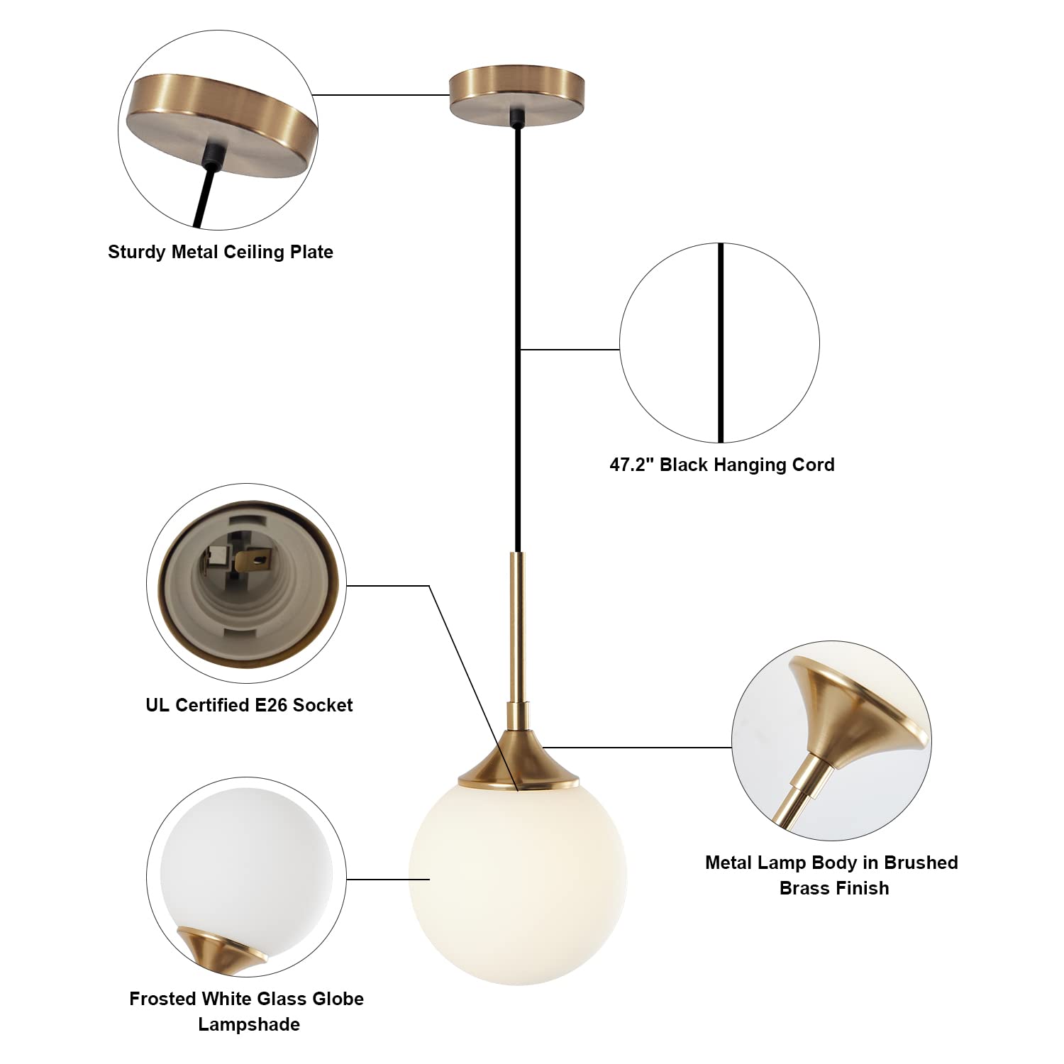 KCO Mid Century Modern Glass Pendant Light 1-Light Brushed Brass Adjustable Ceiling Fixture White