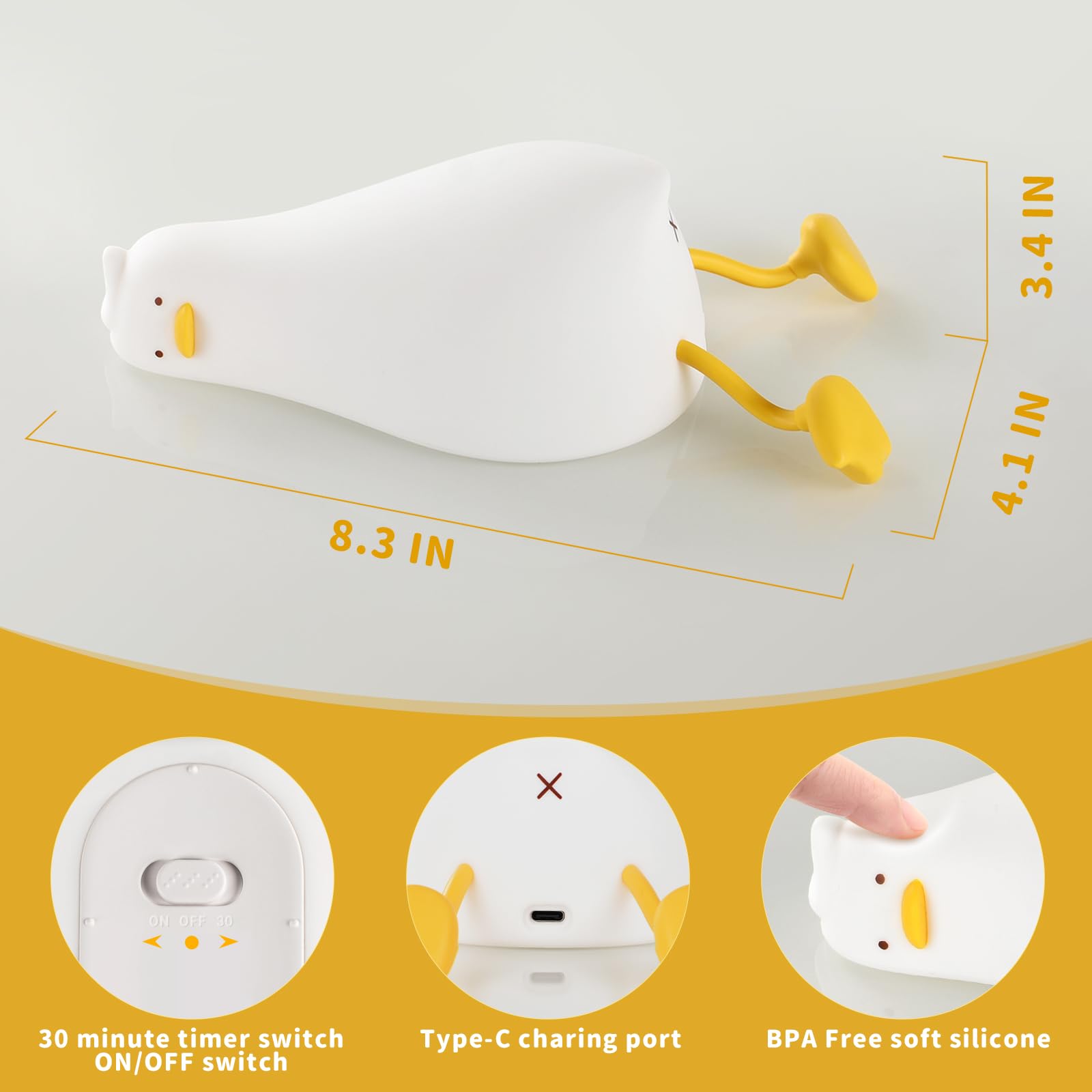 GEAMSAM Lying Flat Duck Night Light, LED Squishy Duck Lamp,Cute Silicone Dimmable Nursery Nightlight,Rechargeable Bedside Touch